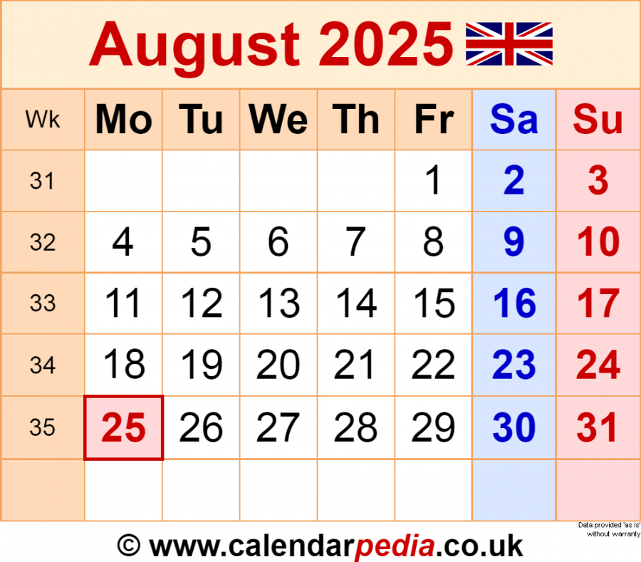 Calendar August  UK with Excel, Word and PDF templates