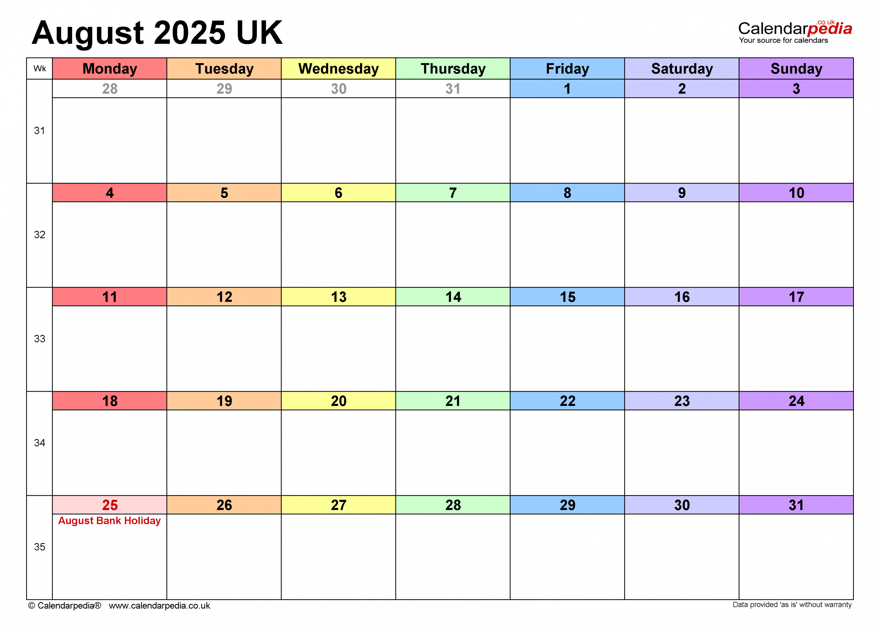 Calendar August  UK with Excel, Word and PDF templates