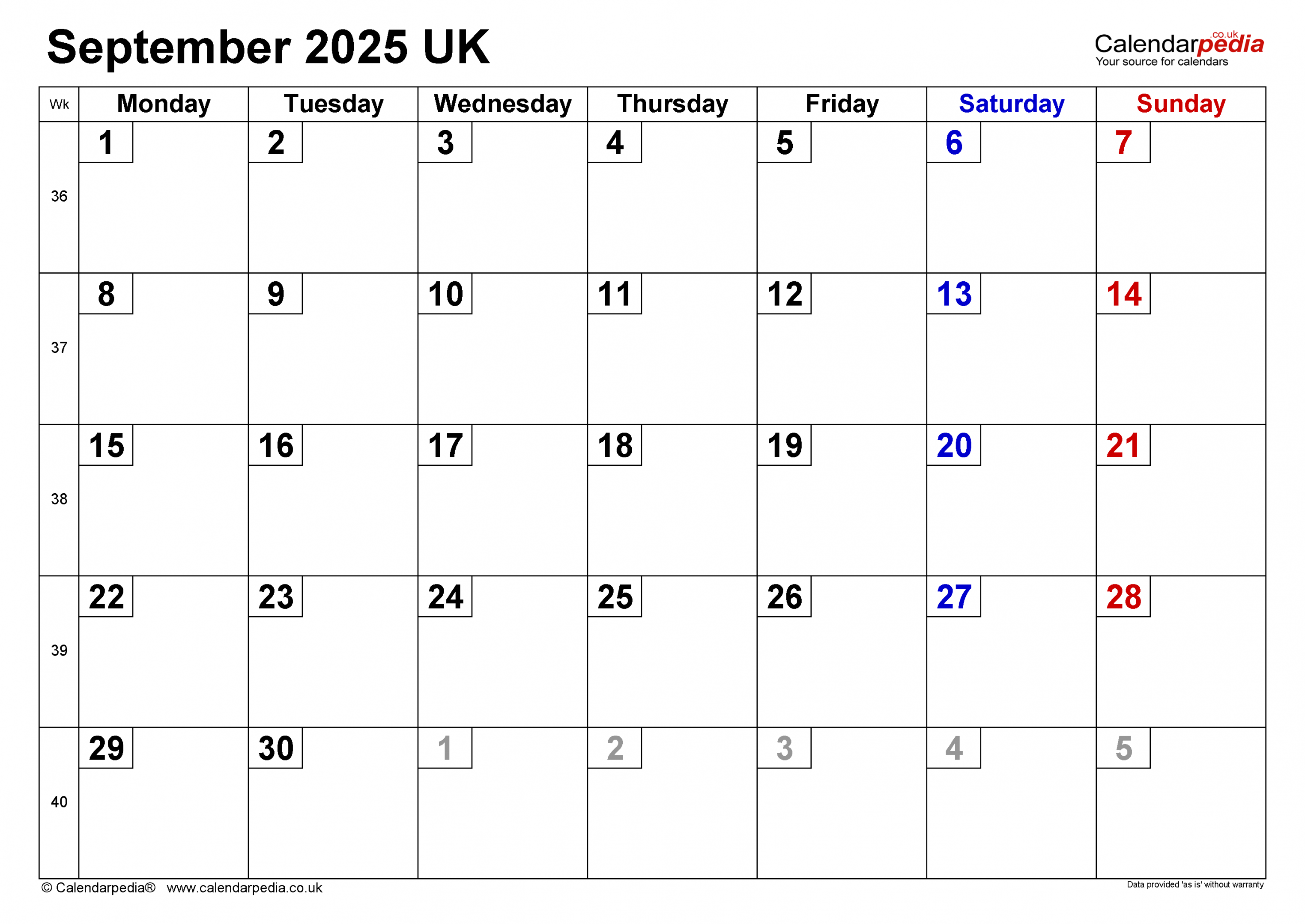 Calendar September  UK with Excel, Word and PDF templates