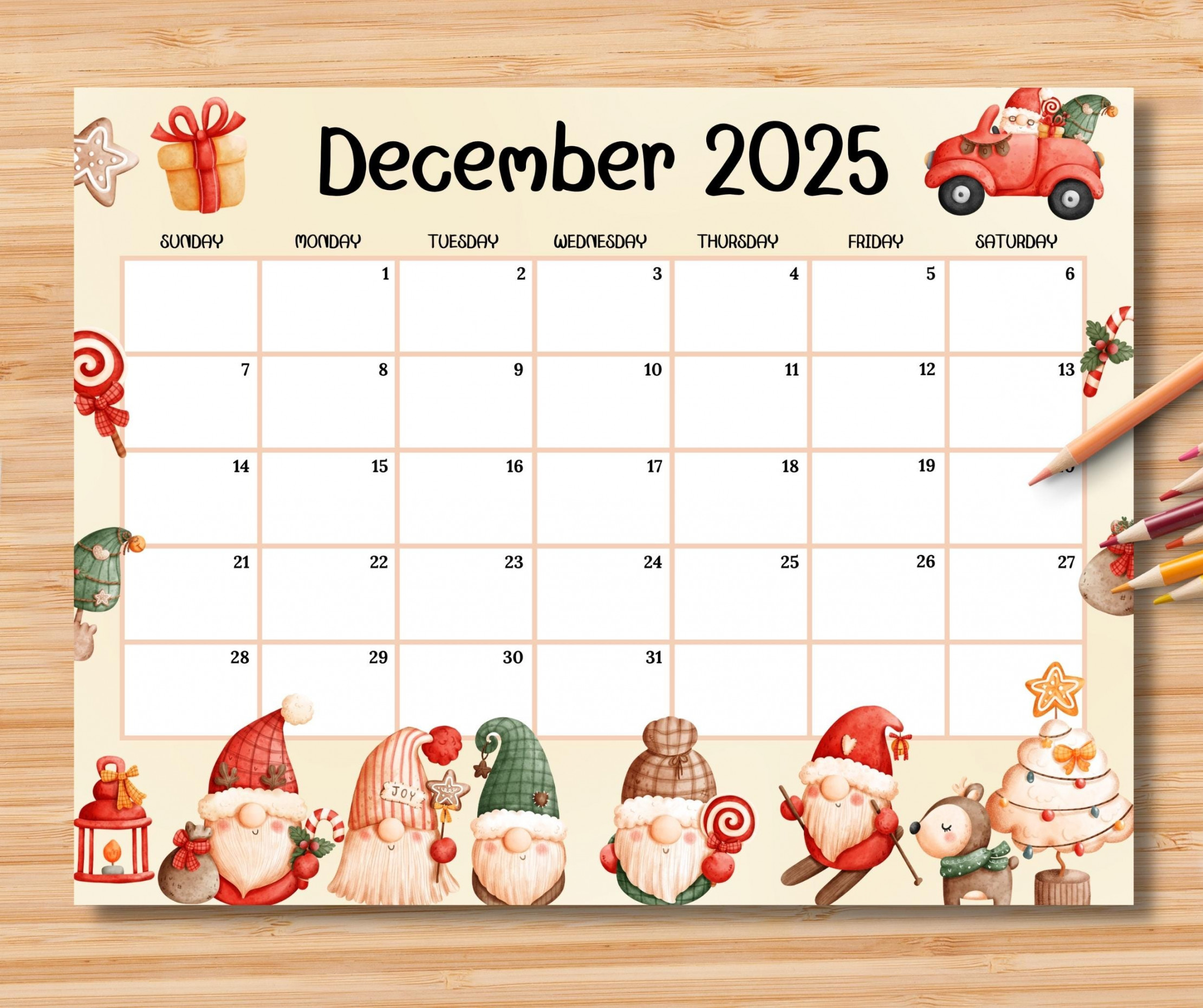 EDITABLE December  Calendar, Joyful Christmas W/ Cute Gnome