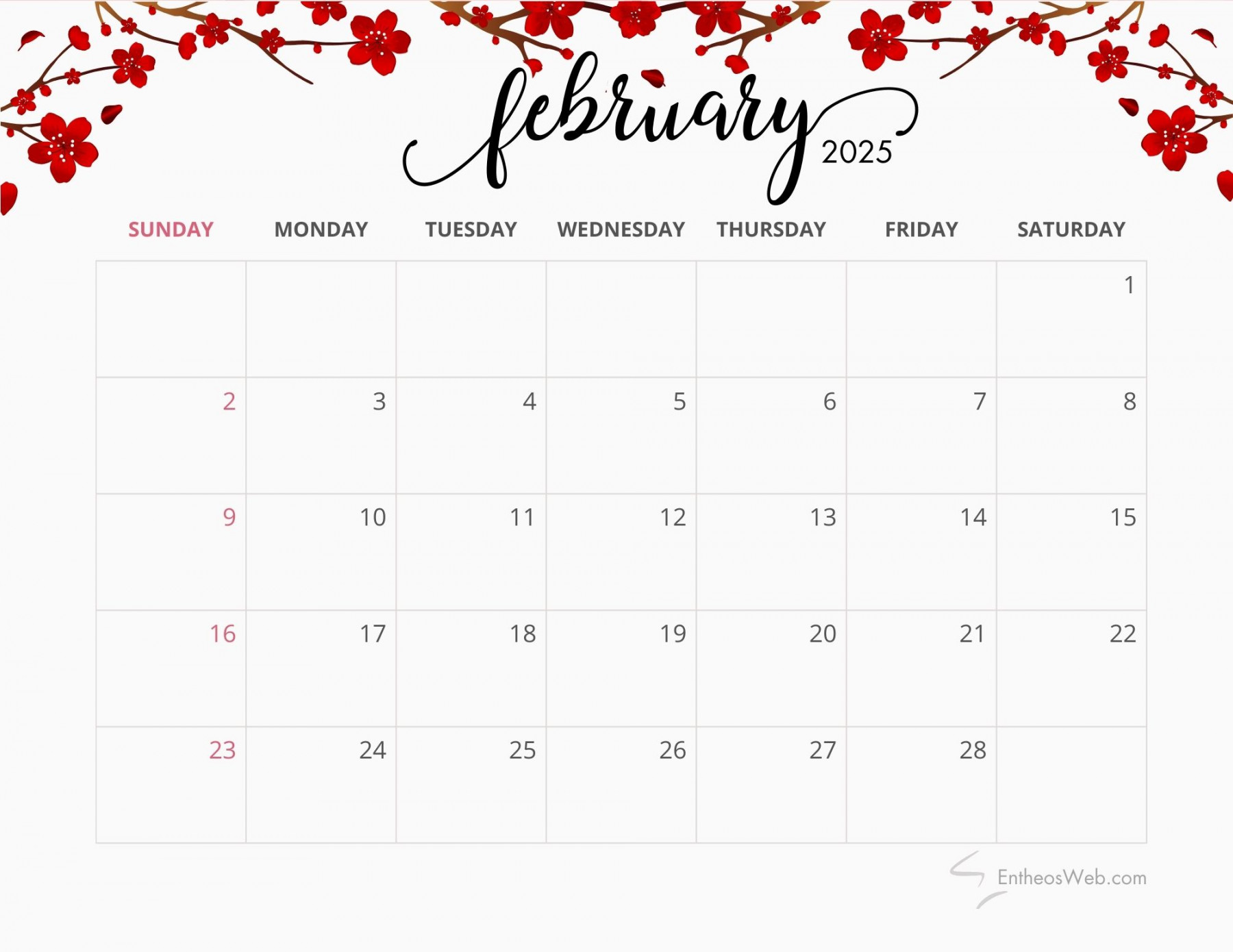 February  Calendar Free PDF Printables  EntheosWeb