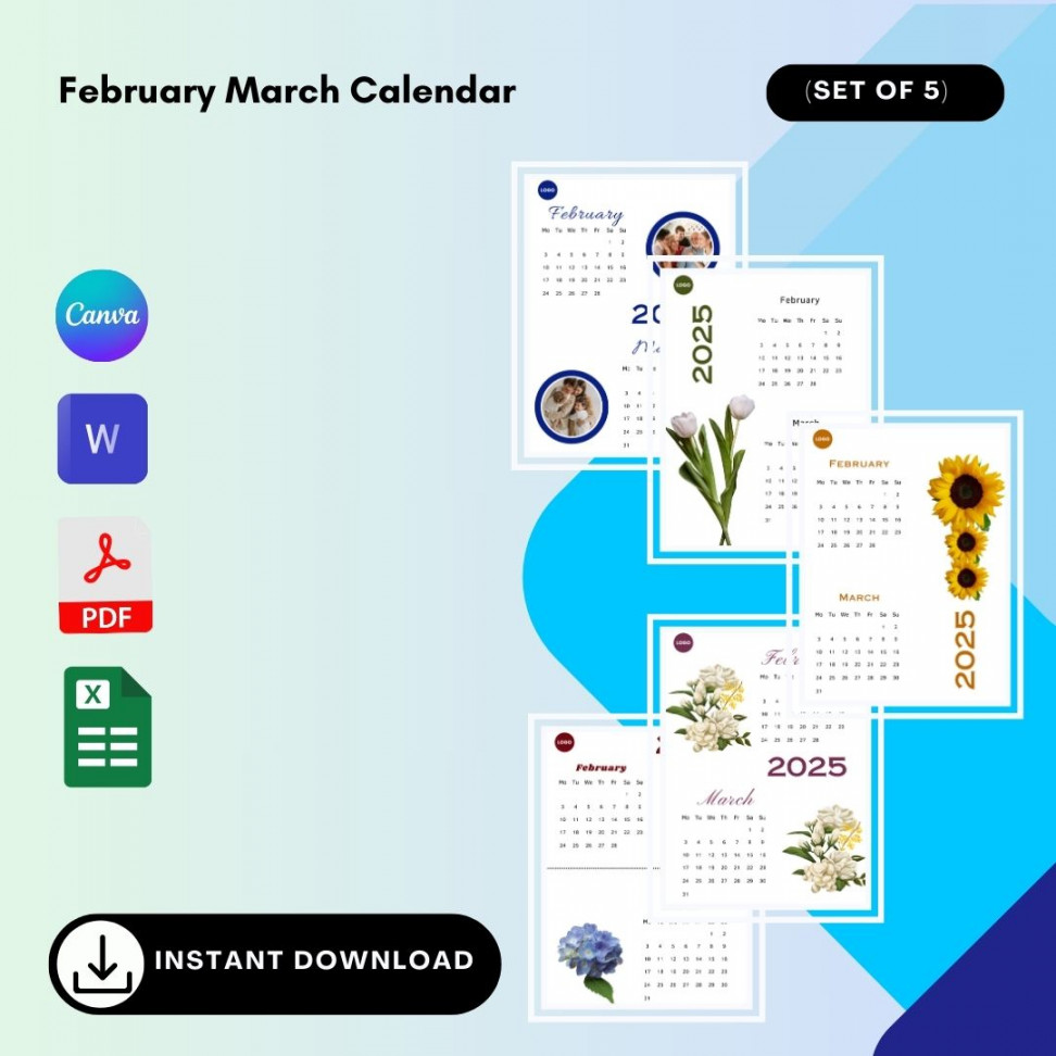 February March  Calendar Printable in PDF, Word, Excel