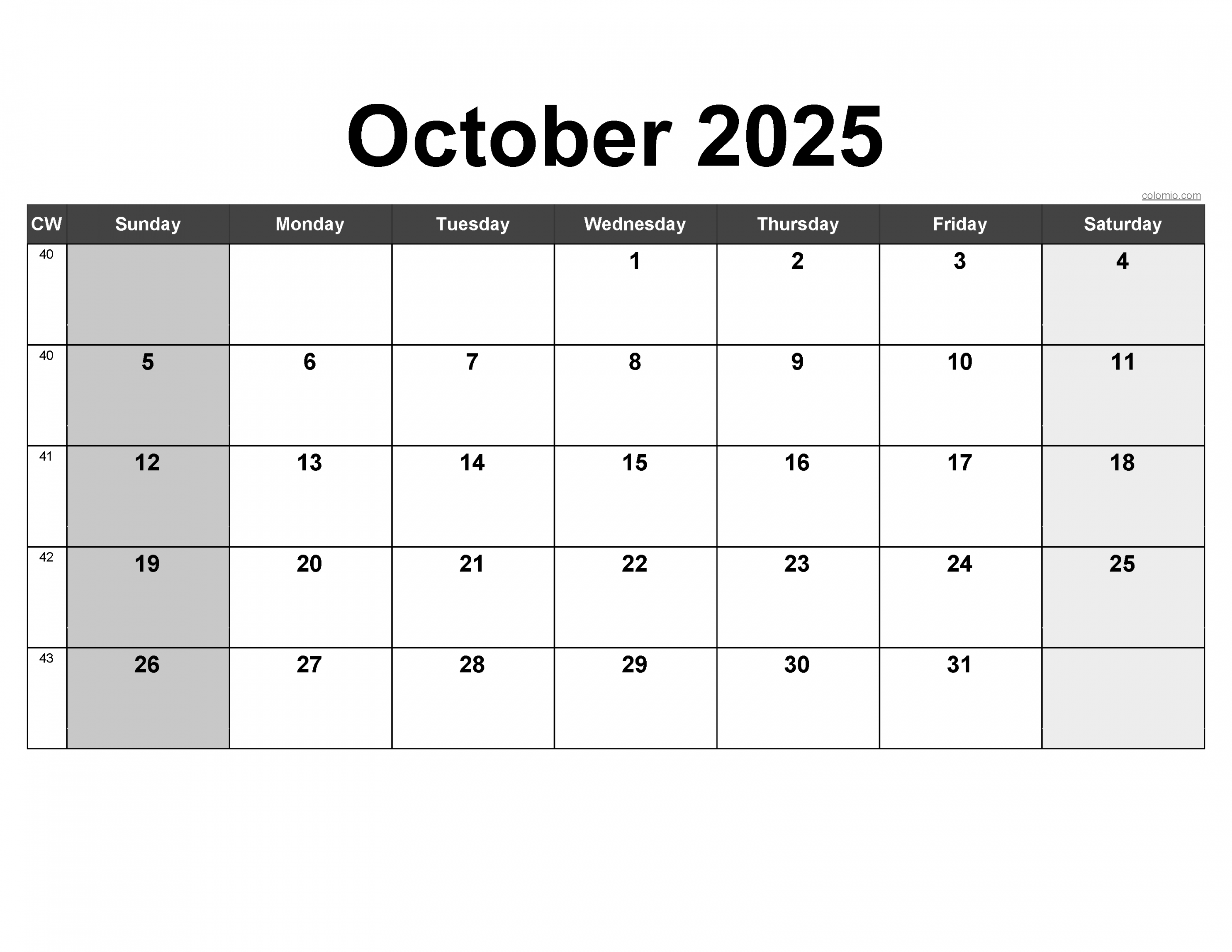 Free October  Calendar  Printable PDF, XLS, PNG Formats