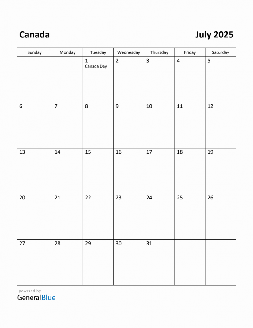 Free Printable July  Calendar for Canada