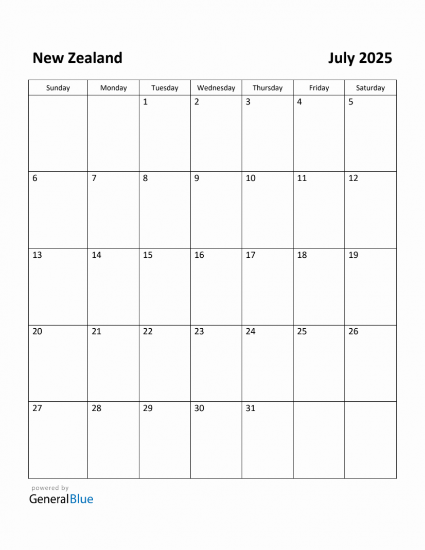 Free Printable July  Calendar for New Zealand