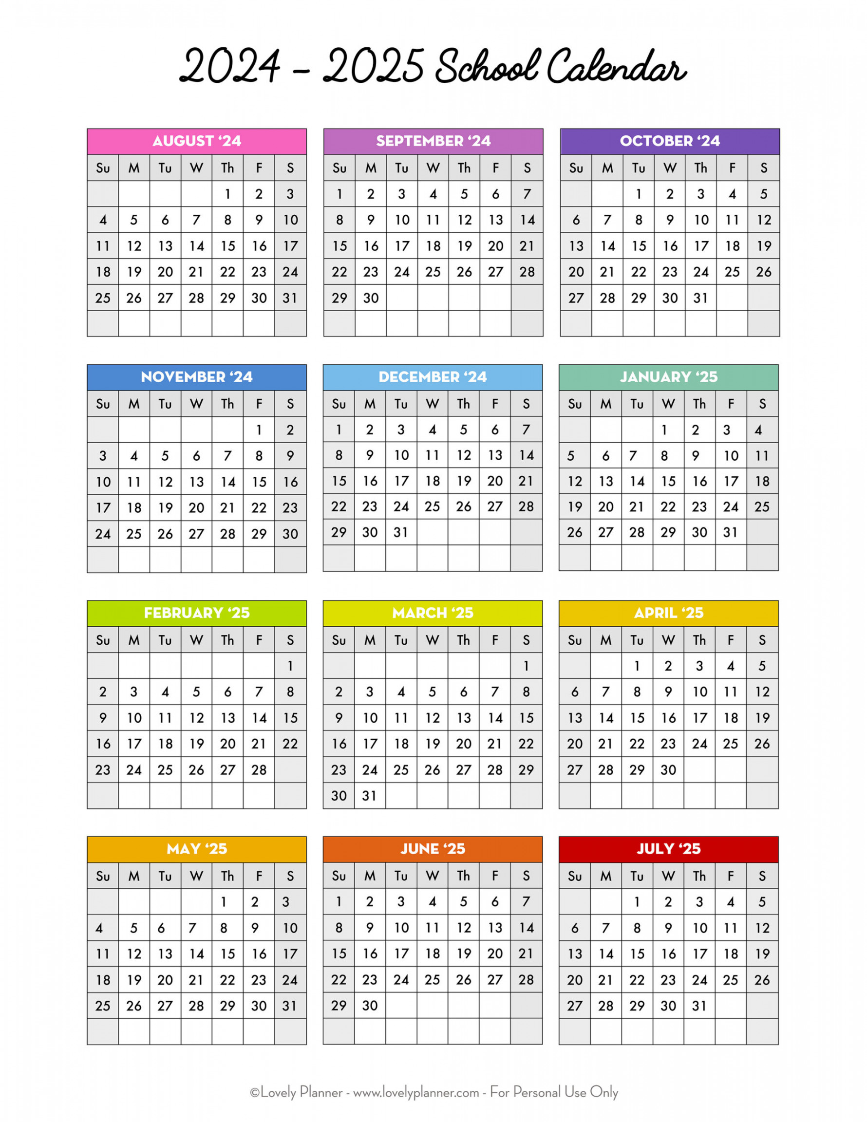 Free Printable - School Calendar - One Page Academic