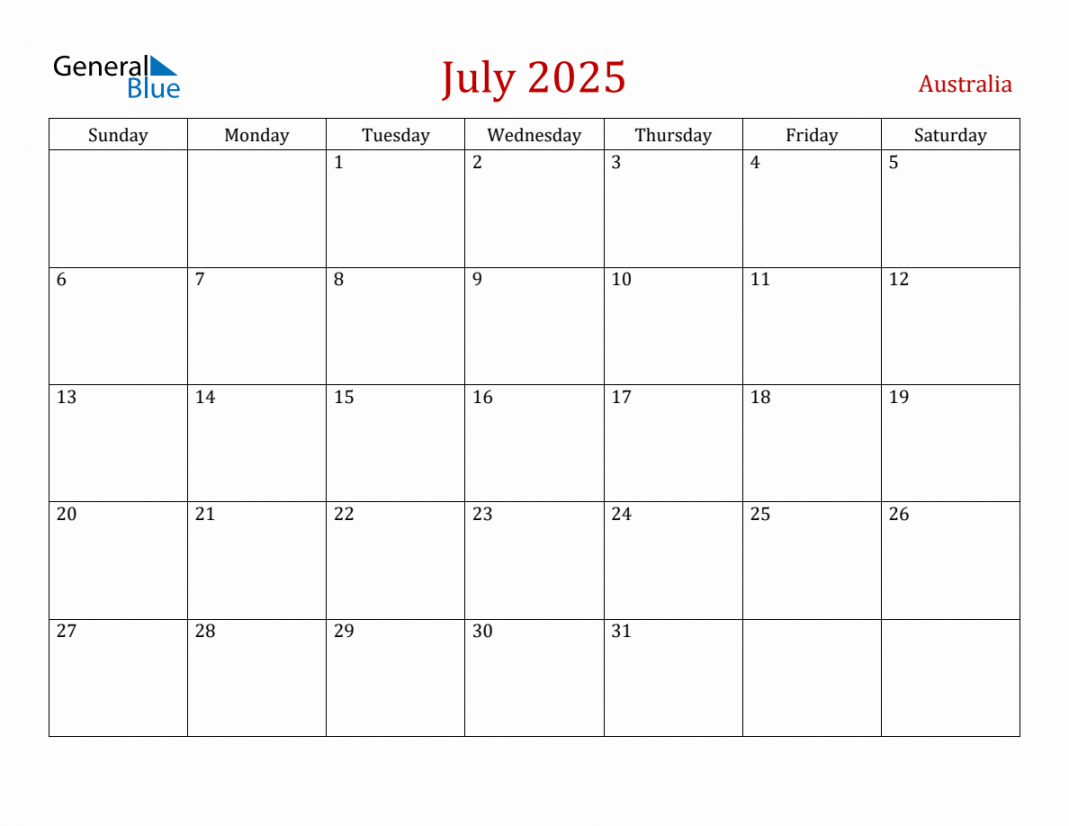 July  Australia Monthly Calendar with Holidays