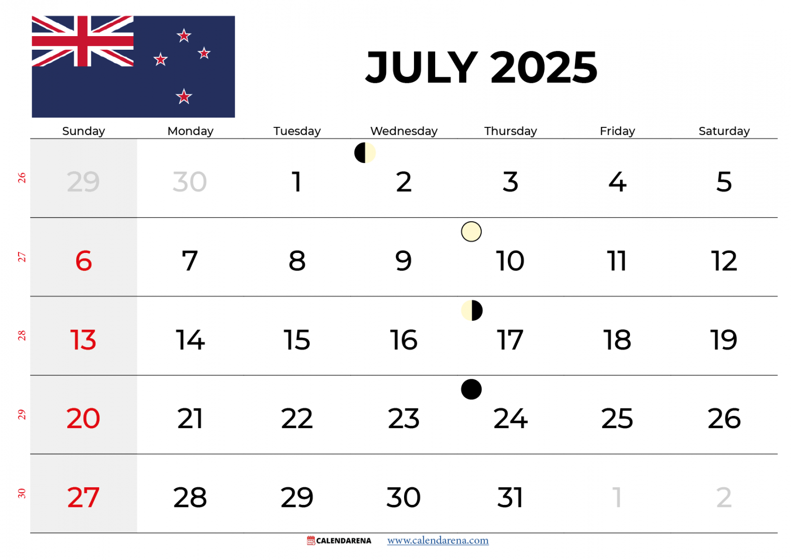 July Calendar  NZ