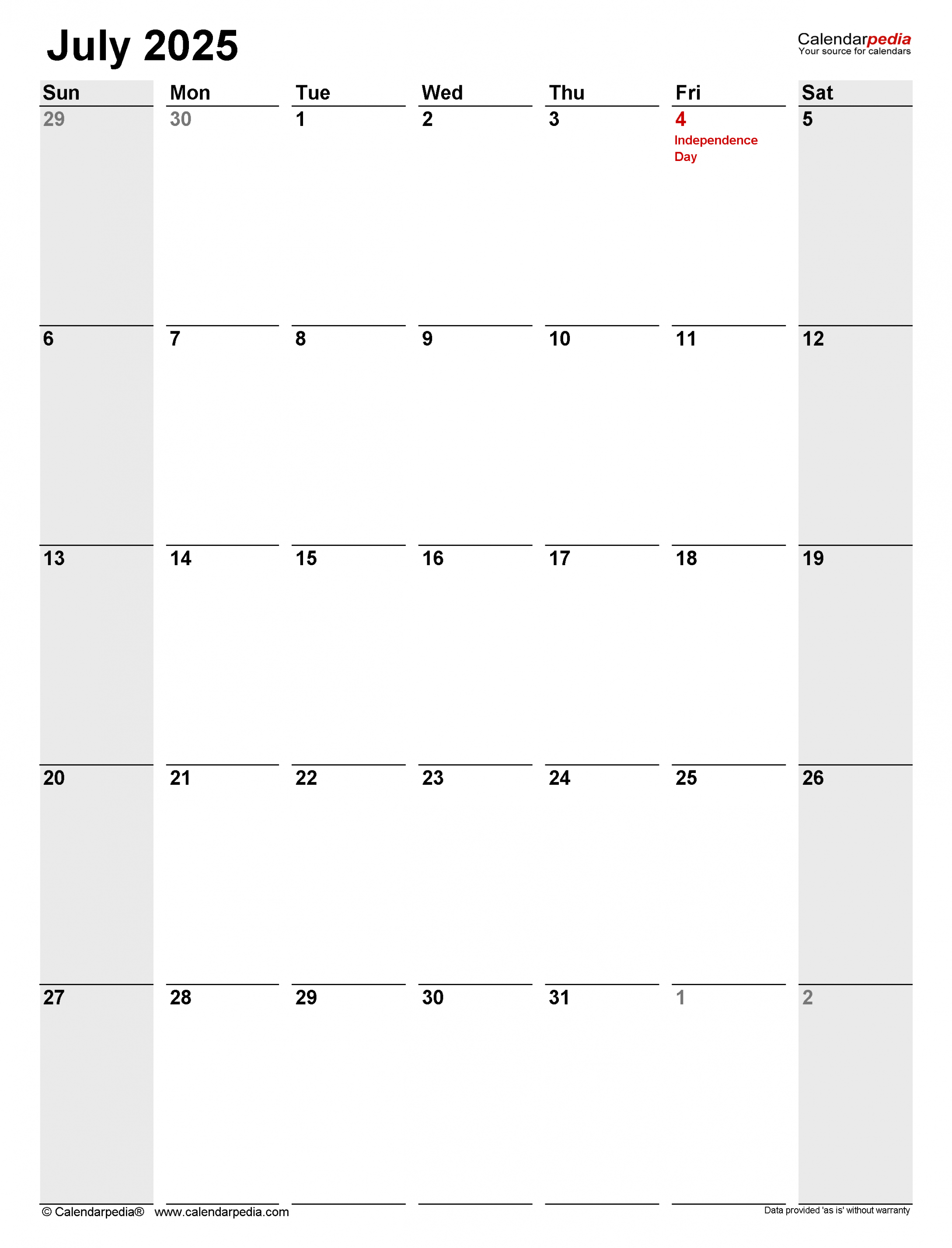 July  Calendar  Templates for Word, Excel and PDF