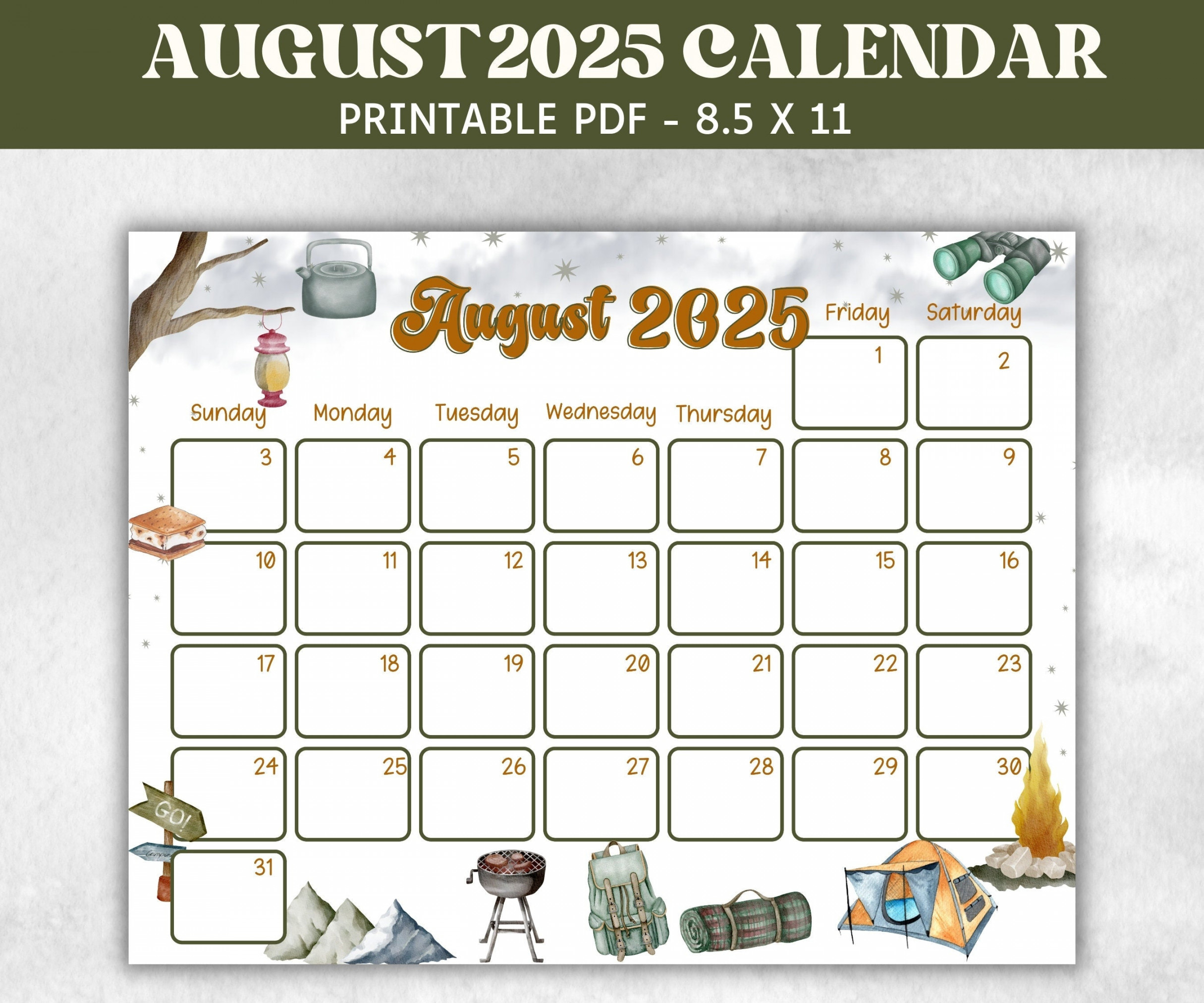 Kids August  Camping Calendar,