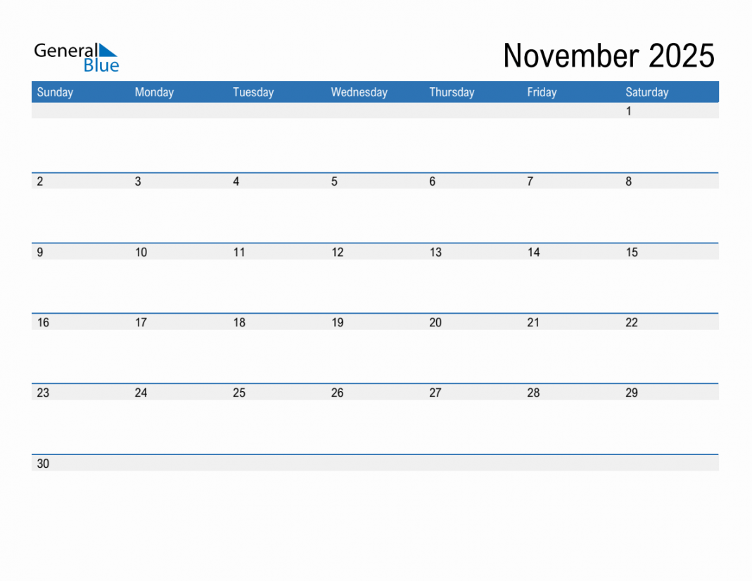 November  Monthly Calendar (PDF, Word, Excel)