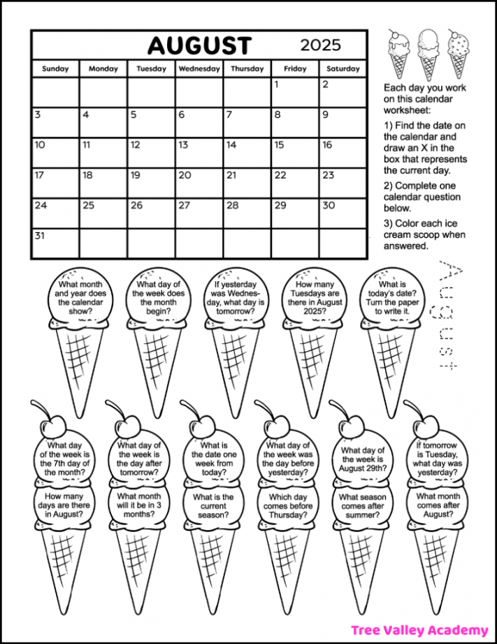 Printable August  Calendar & Worksheets for Kids