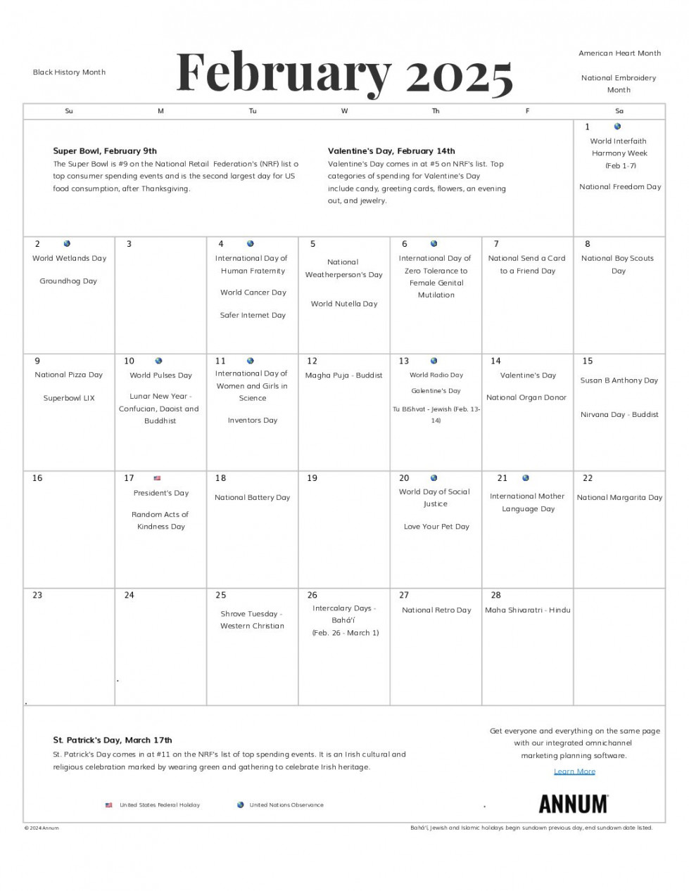 Printable February  Calendar  February Holidays  Annum