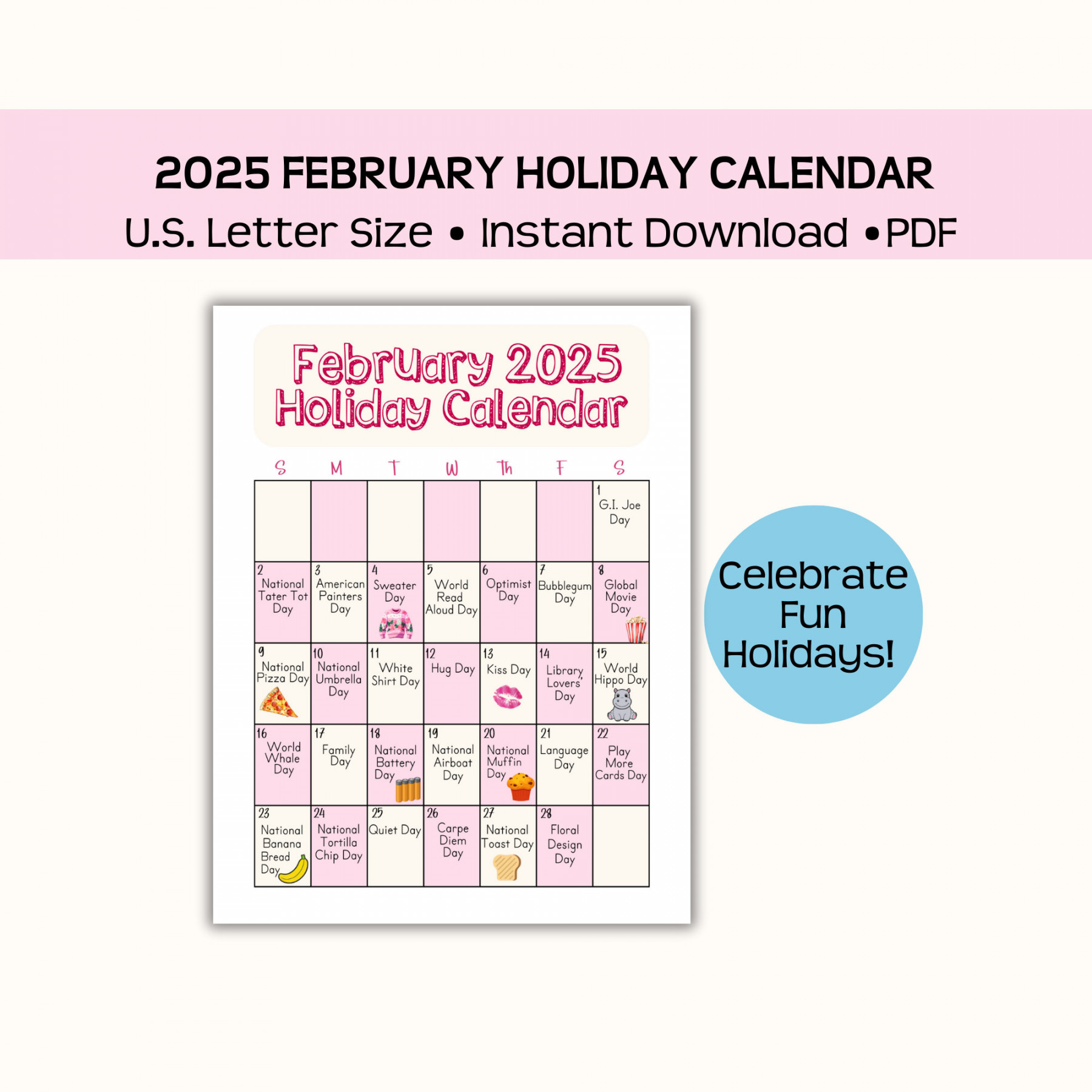 Printable February  Holiday Calendar Page, Fun and Wacky