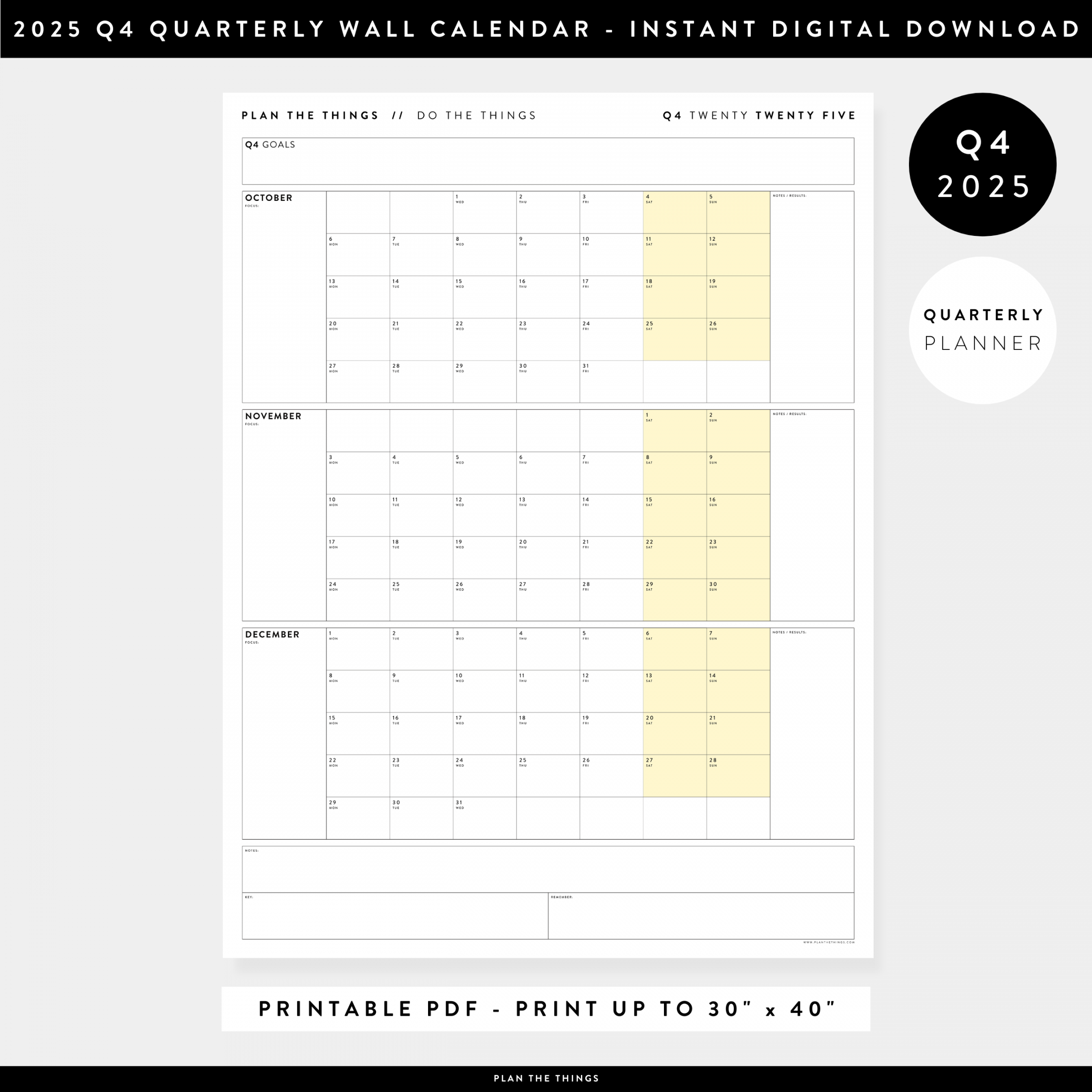 PRINTABLE Q (OCTOBER - DECEMBER)  QUARTERLY WALL CALENDAR