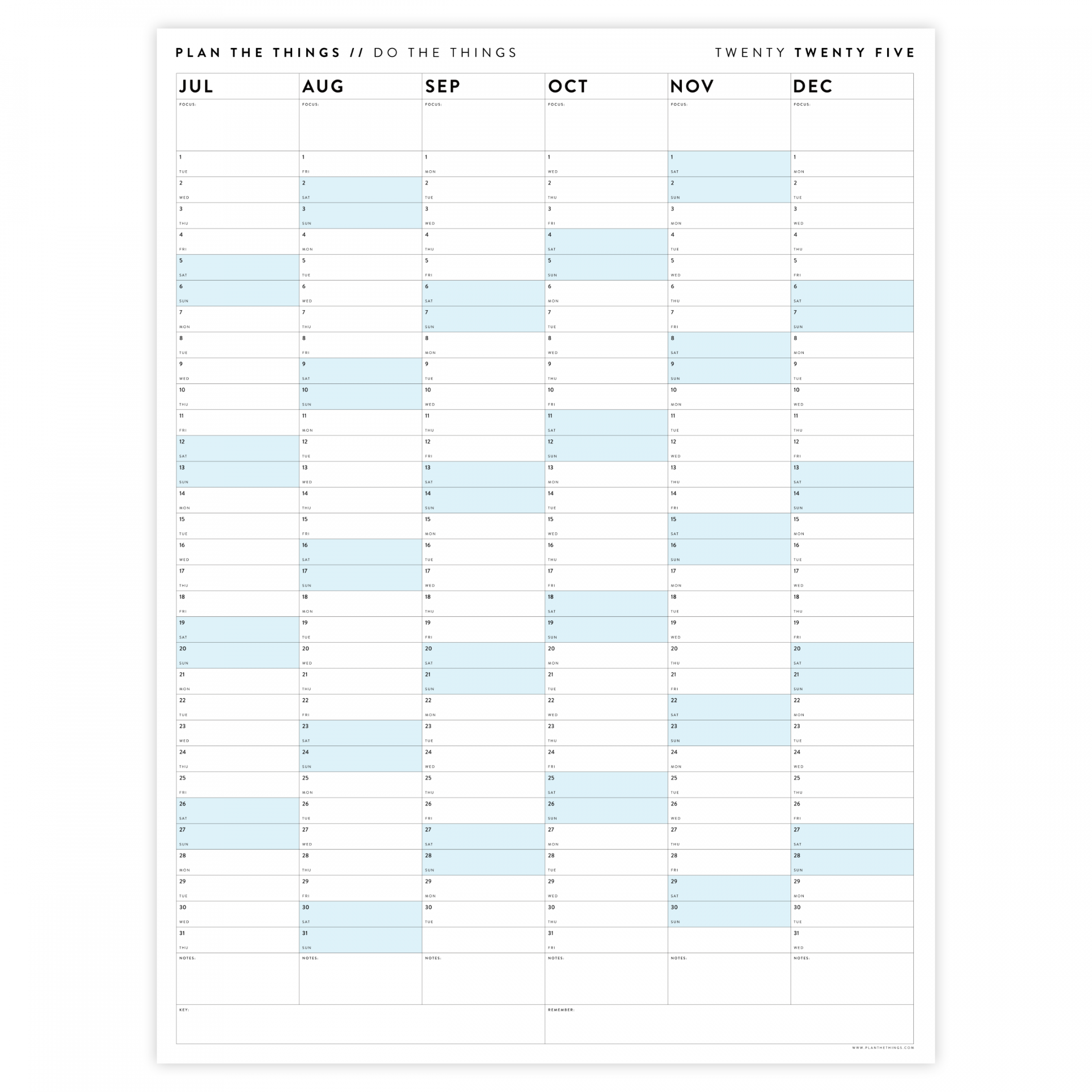 PRINTABLE SIX MONTH  WALL CALENDAR SET WITH BLUE WEEKENDS