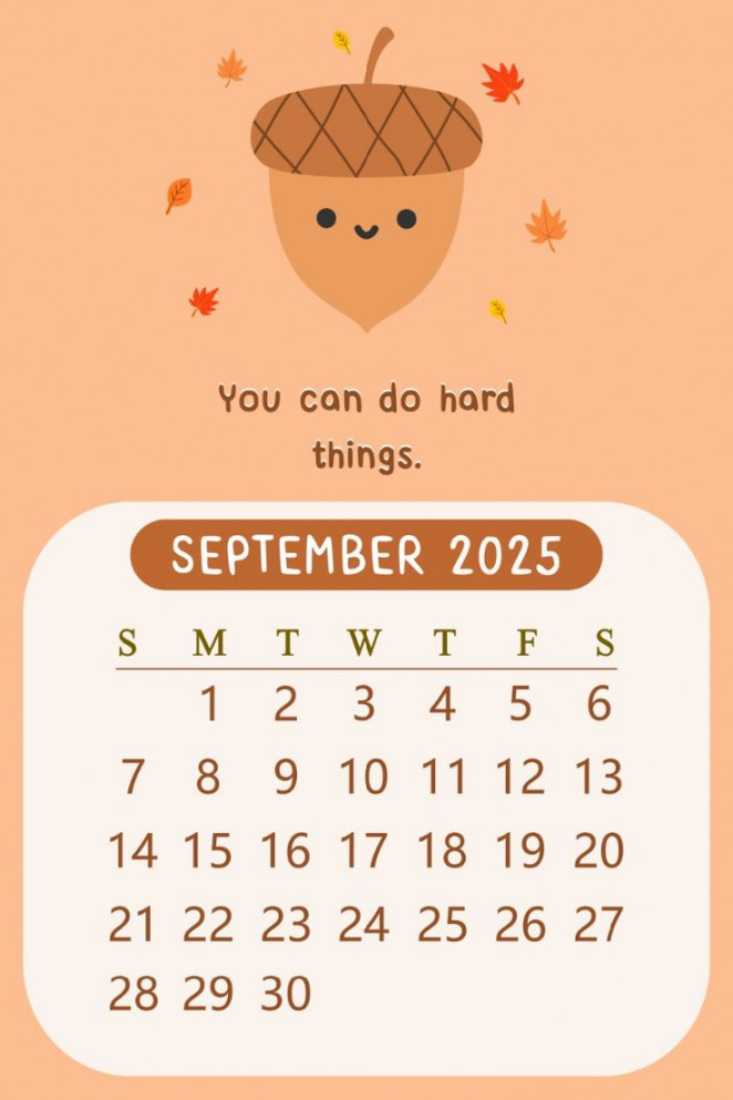 September Monthly Kawaii Acorn Oak Nut Motivational Quote