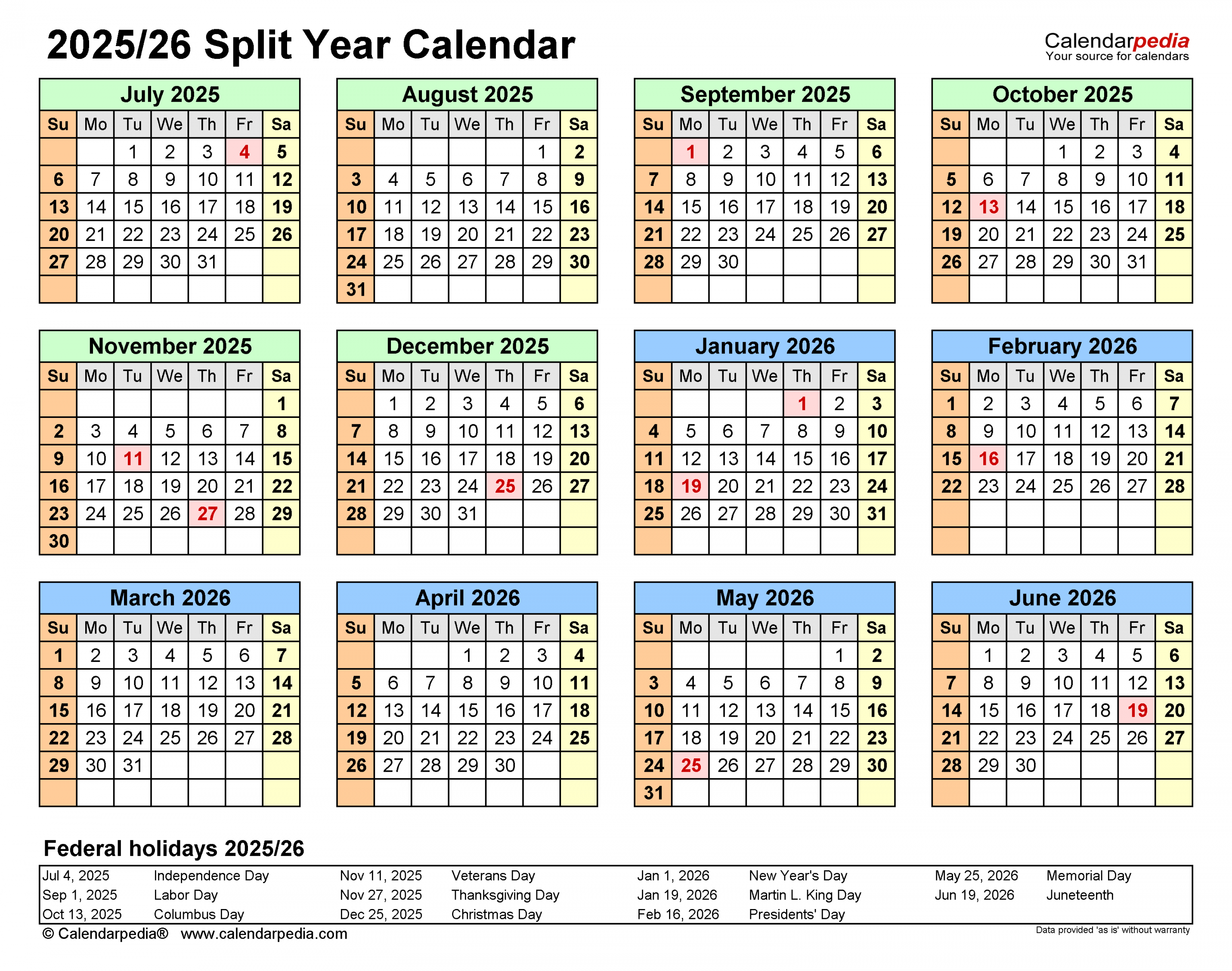 Split Year Calendars / (July to June) - Excel templates