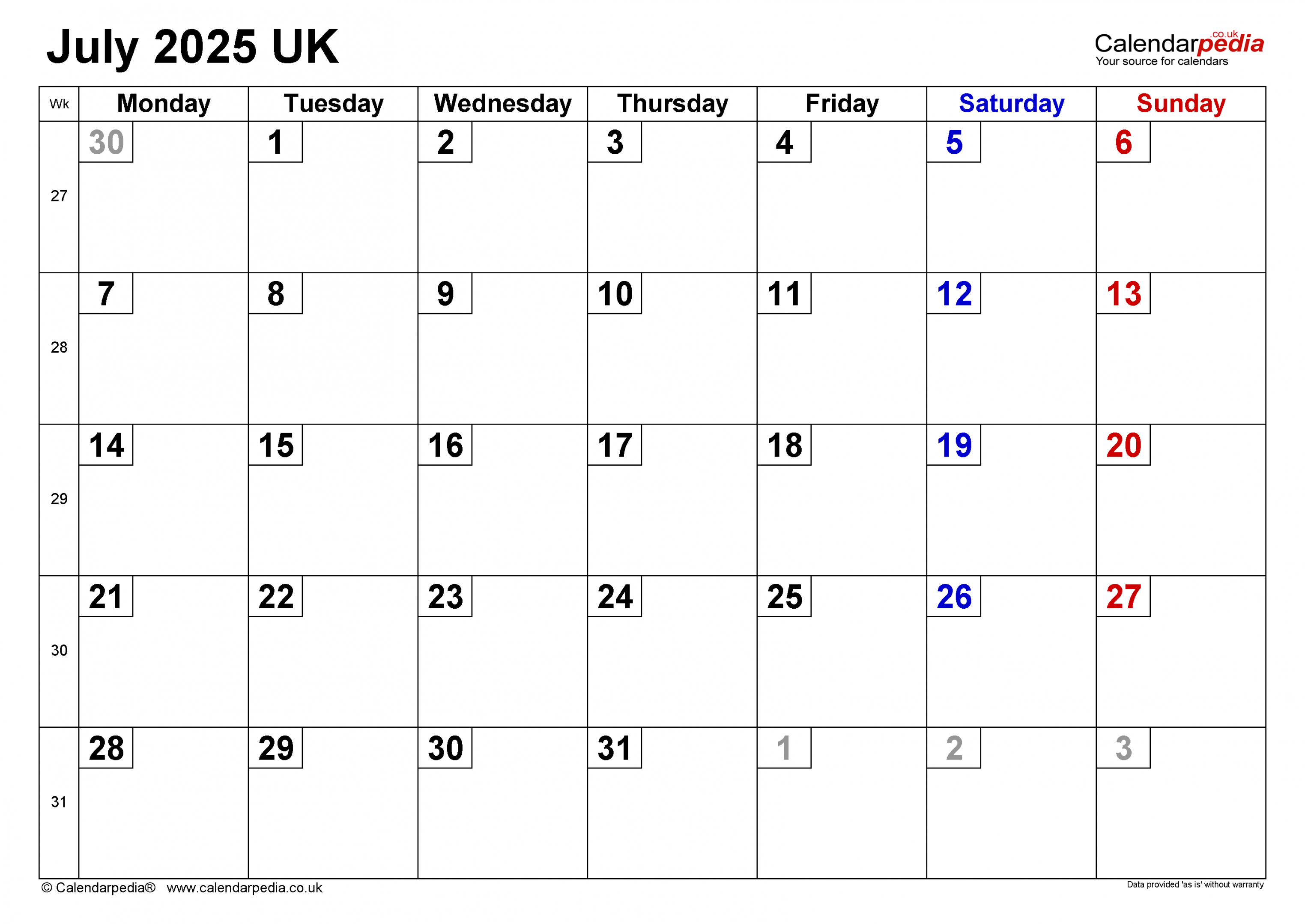 Calendar July  UK with Excel, Word and PDF templates