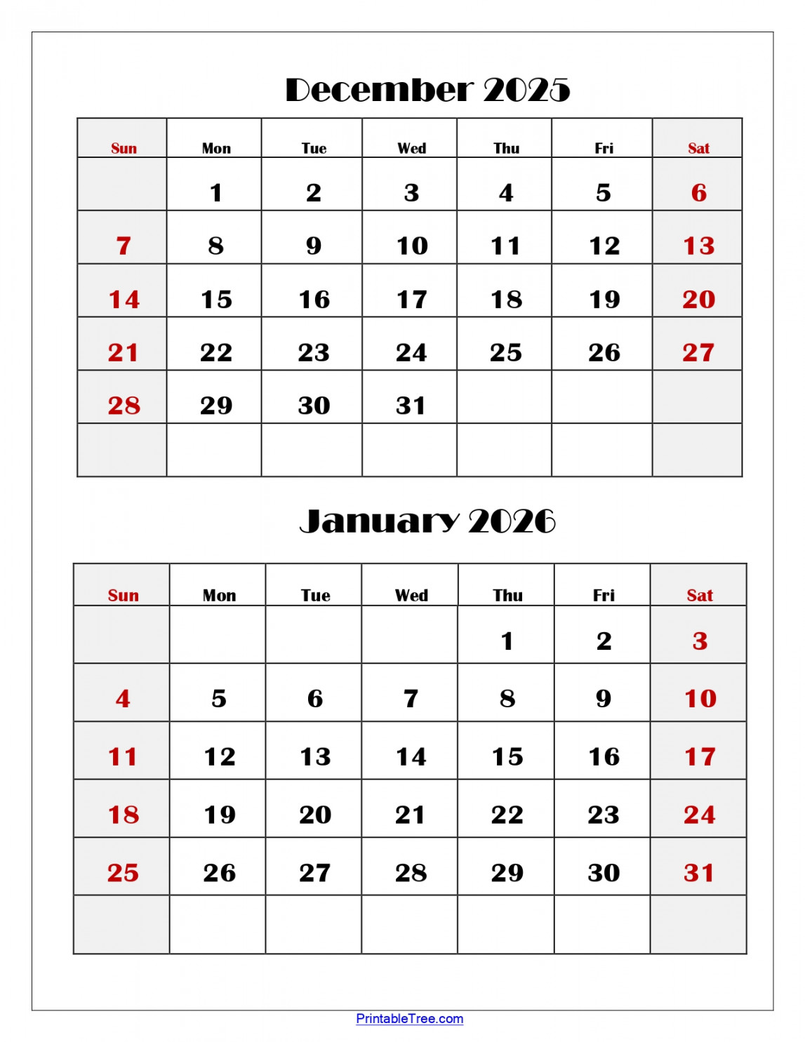 December and January  Calendar Printable PDF  Two Months Calendar