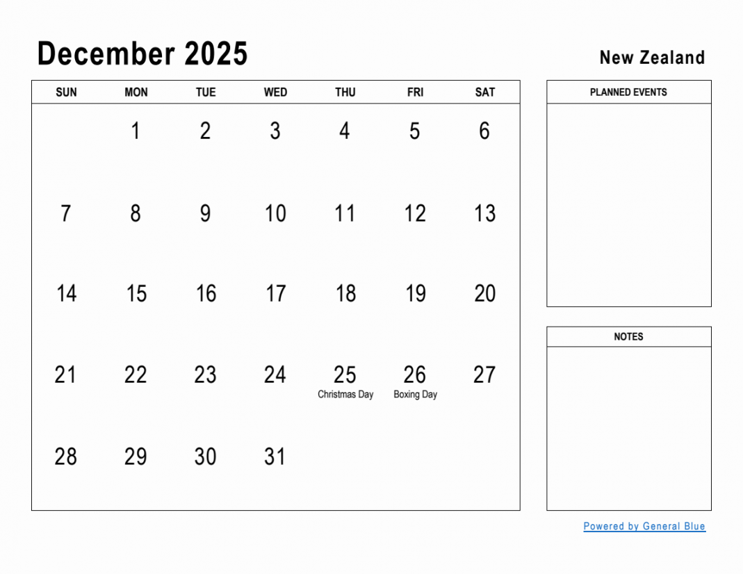 December  Planner with New Zealand Holidays