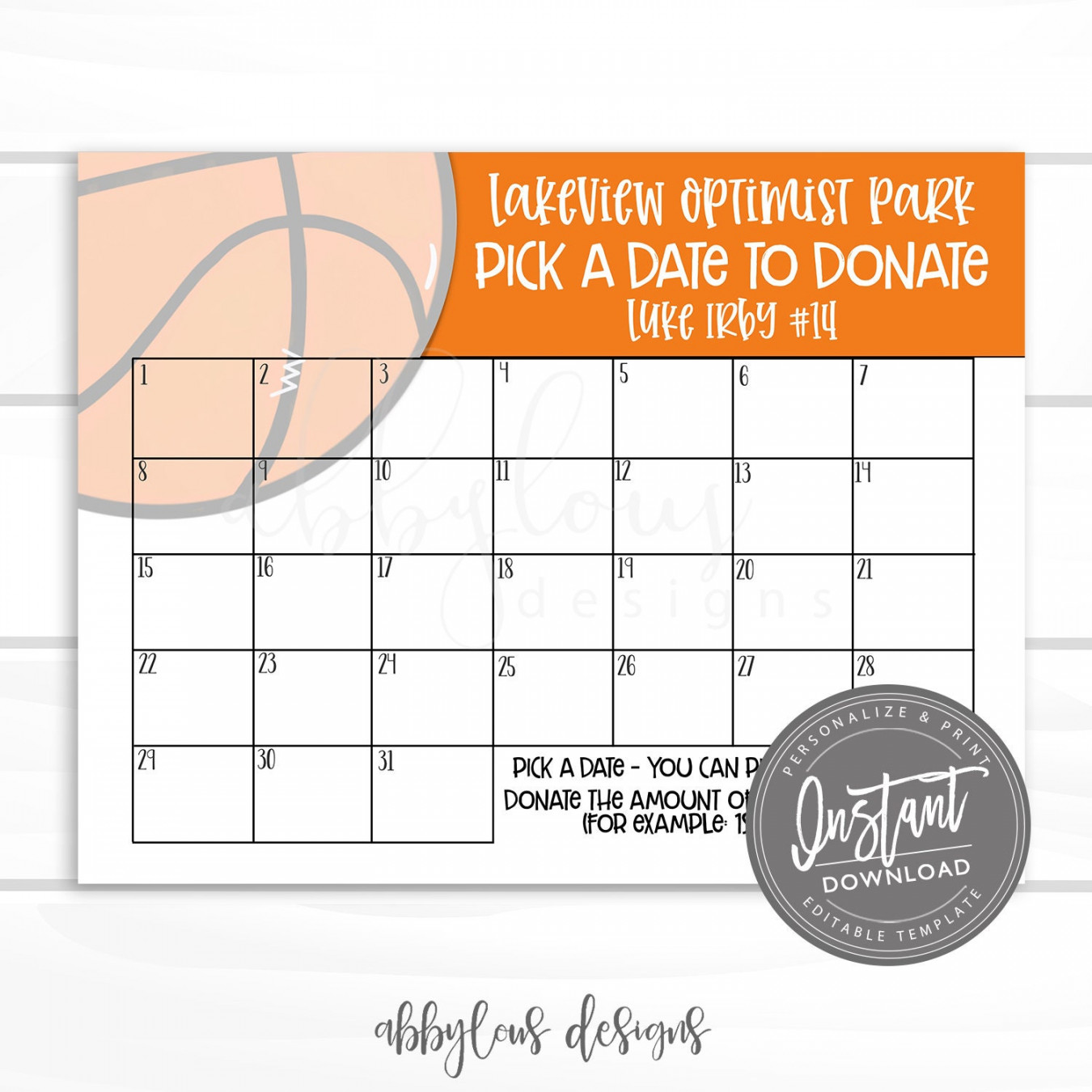 EDITABLE Basketball Fundraiser Calendar, Pick a Date to Donate