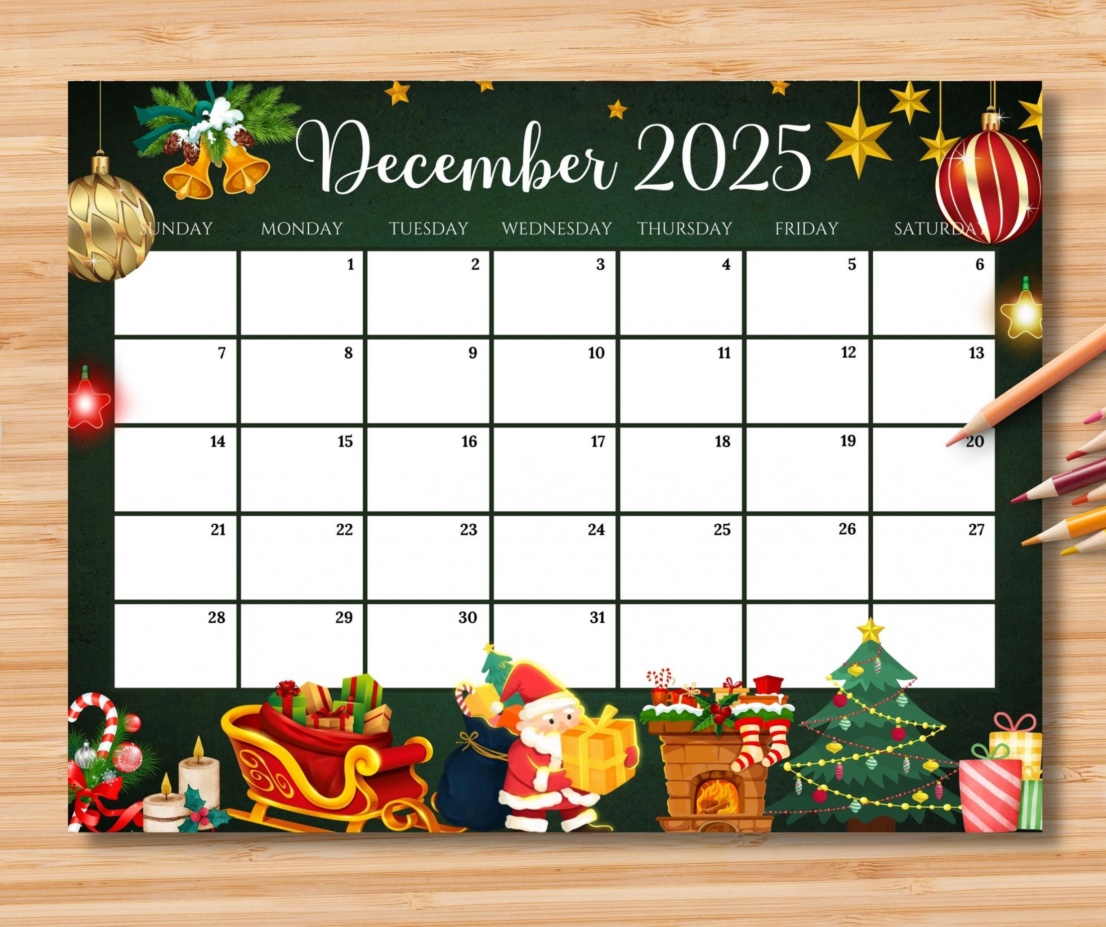 EDITABLE December  Calendar, Gorgeous Christmas W/ Santa Claus