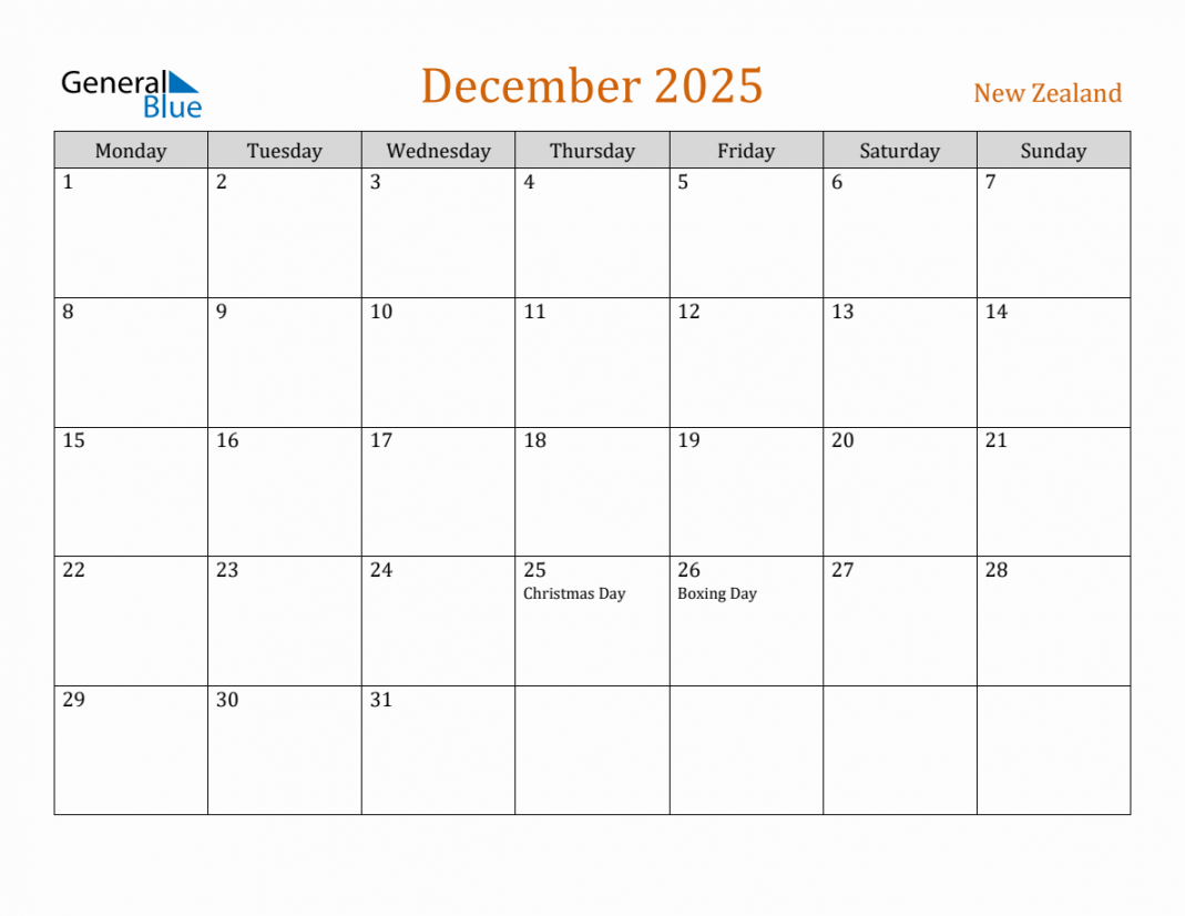 Free December  New Zealand Calendar