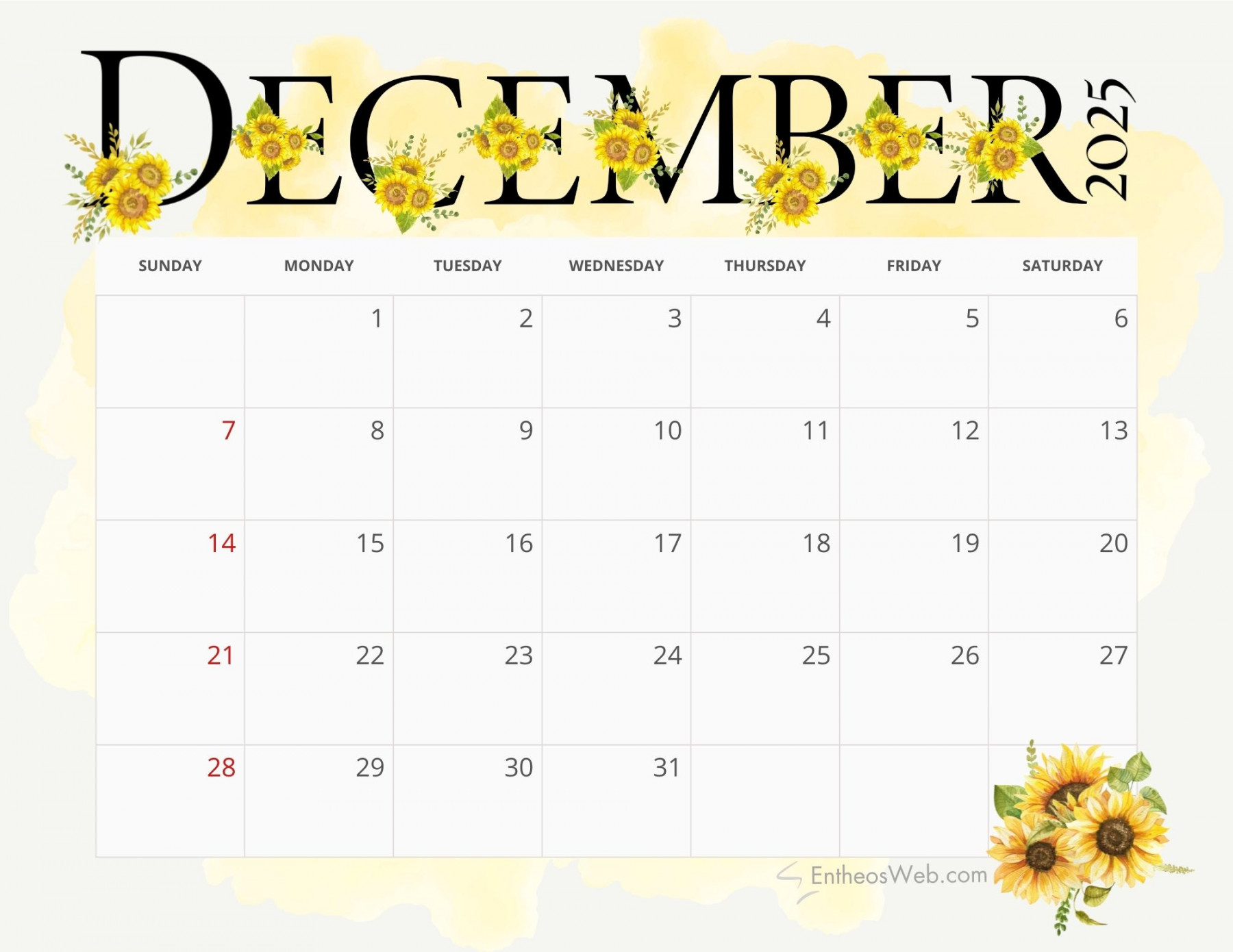 Free Sunflowers  Monthly Calendar Planner Printable  EntheosWeb