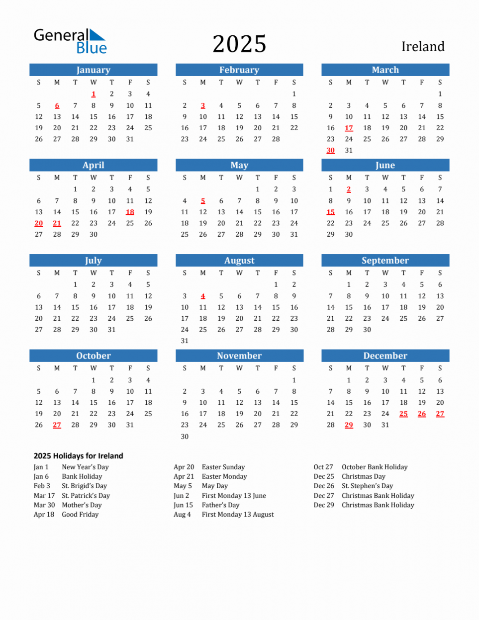 Ireland Calendar with Holidays