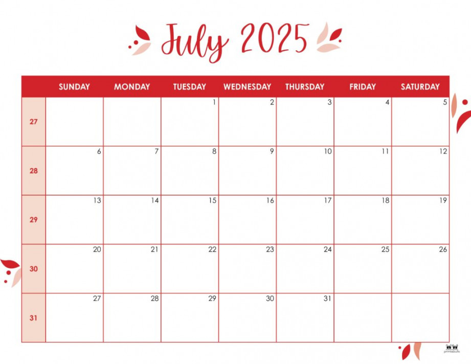 July  Calendars -  FREE Printables  Printabulls