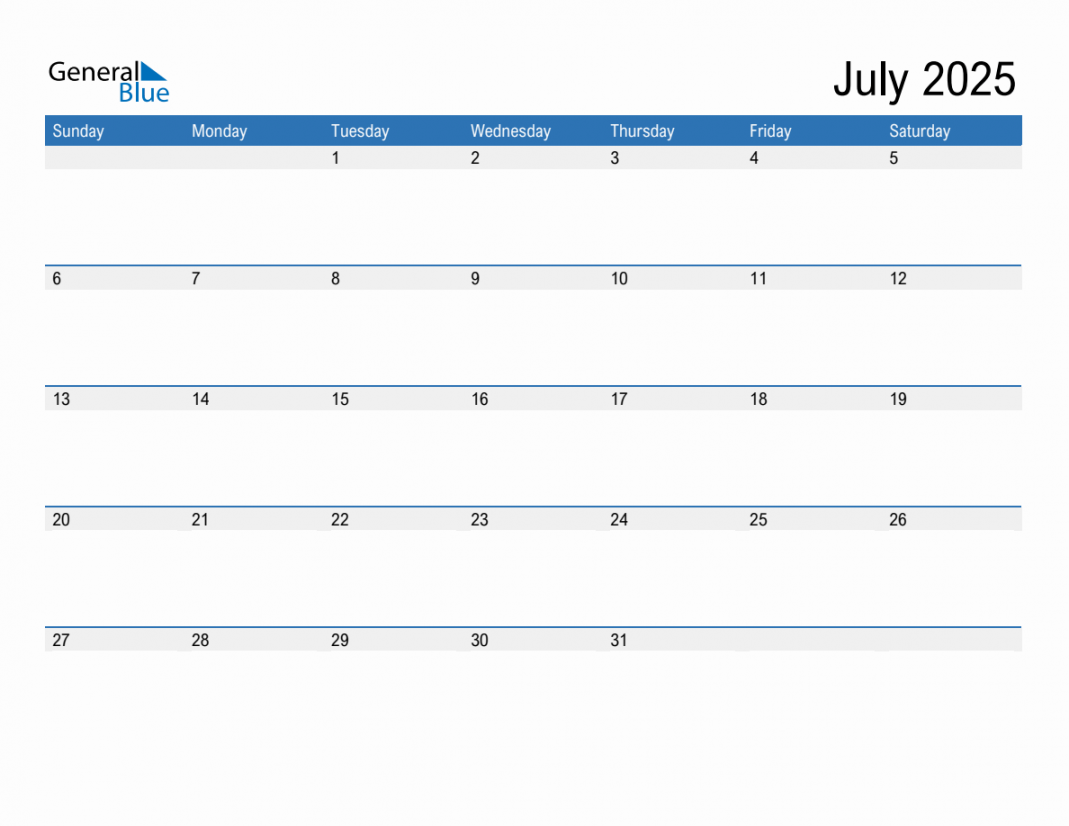 July  Monthly Calendar (PDF, Word, Excel)