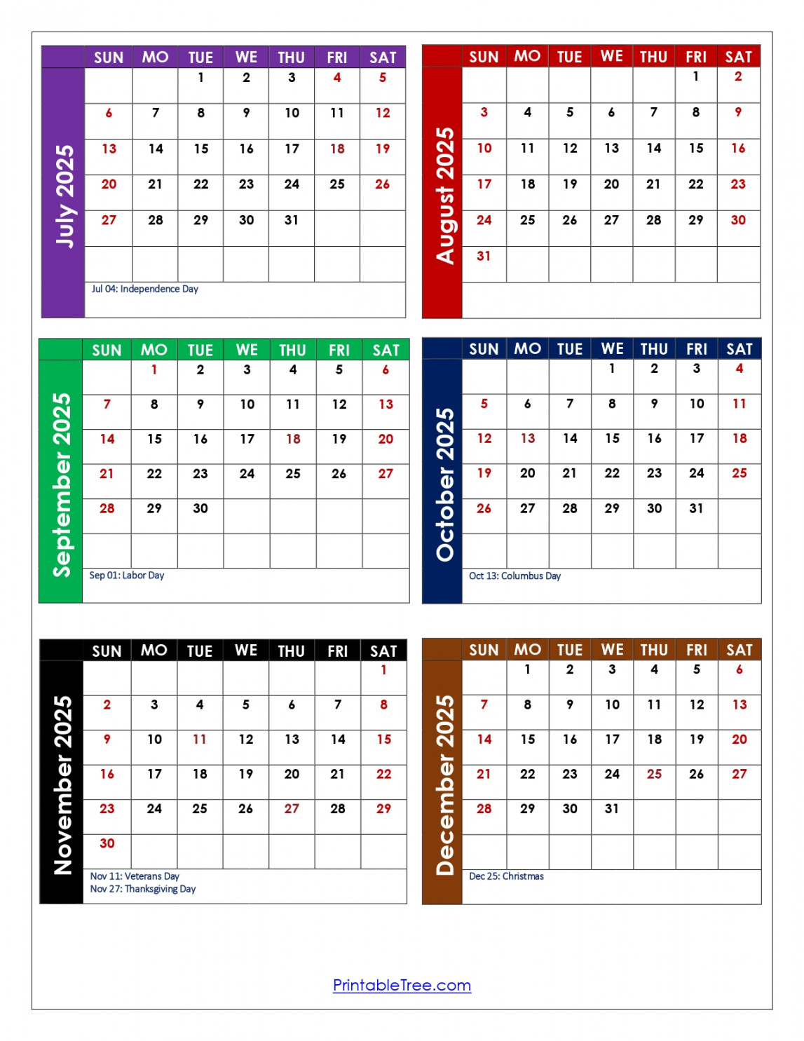 July to December  Calendar Printable PDF  Six Months Calendar