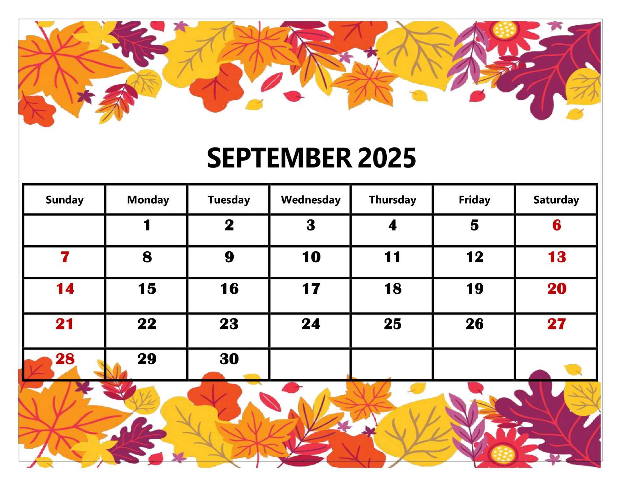 September  Calendar Printable PDF Template with Holidays