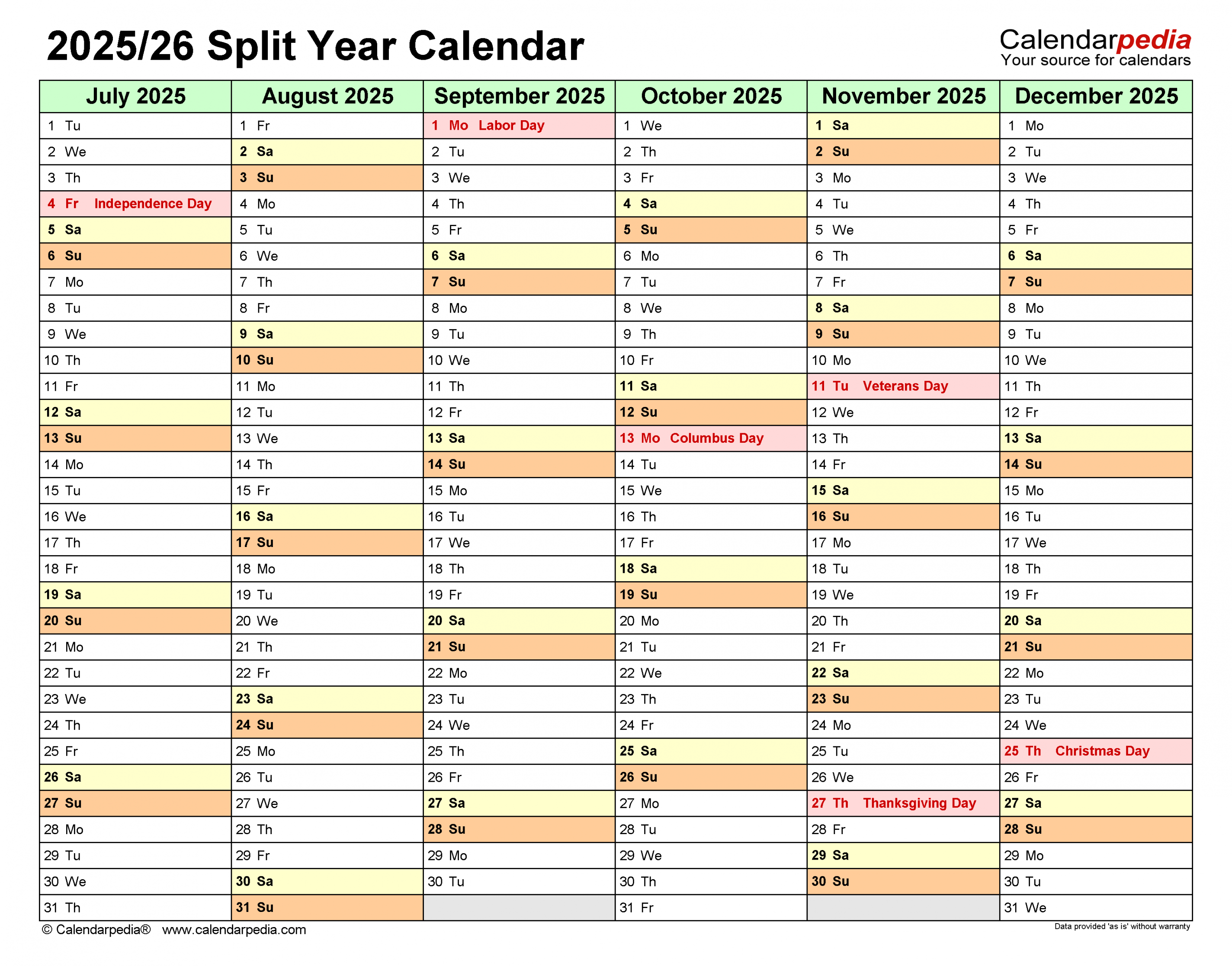 Split Year Calendars / (July to June) - Excel templates