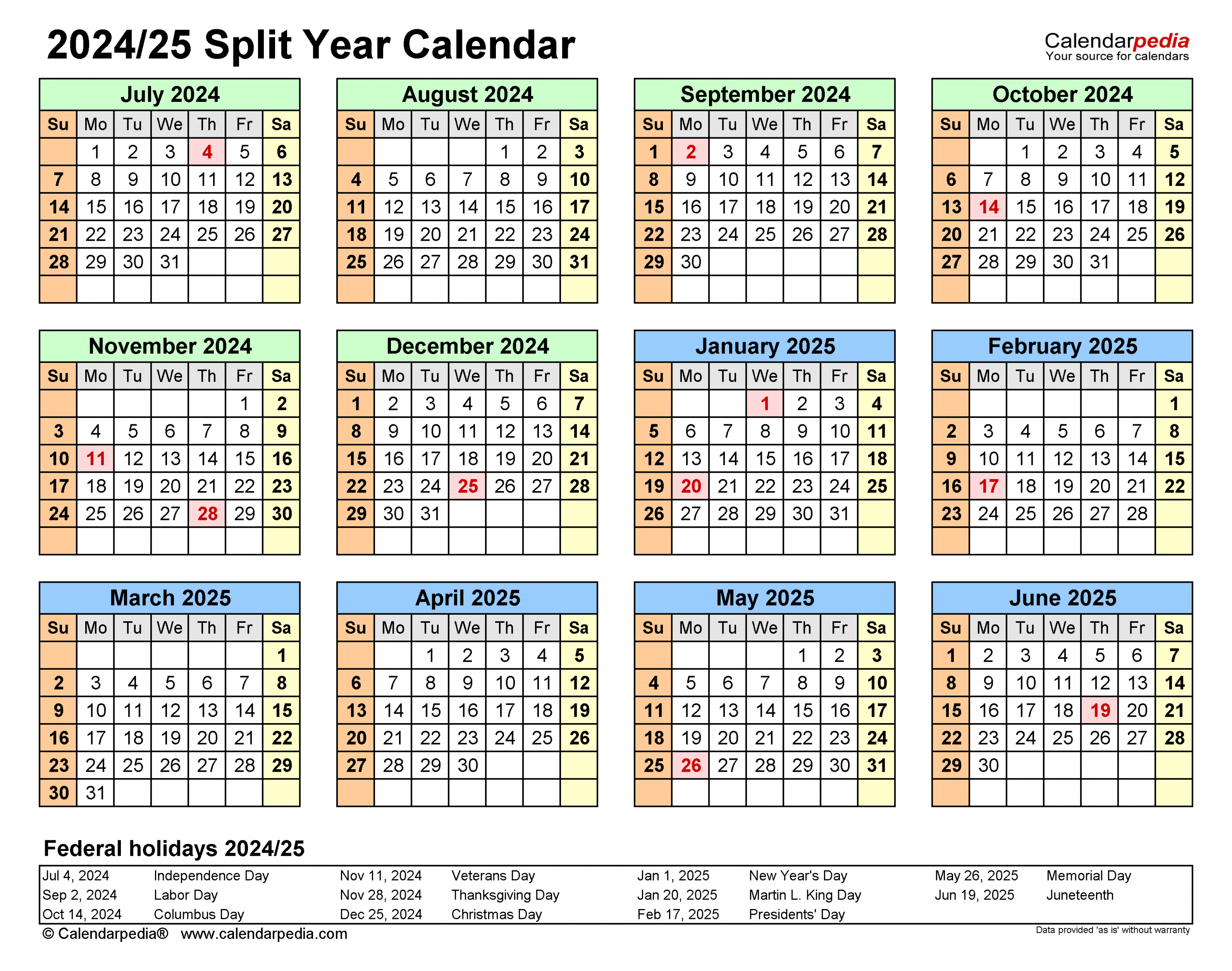 Split Year Calendars / (July to June) - Excel templates