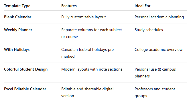 Free October 2025 Calendar Templates for Canadian College Students