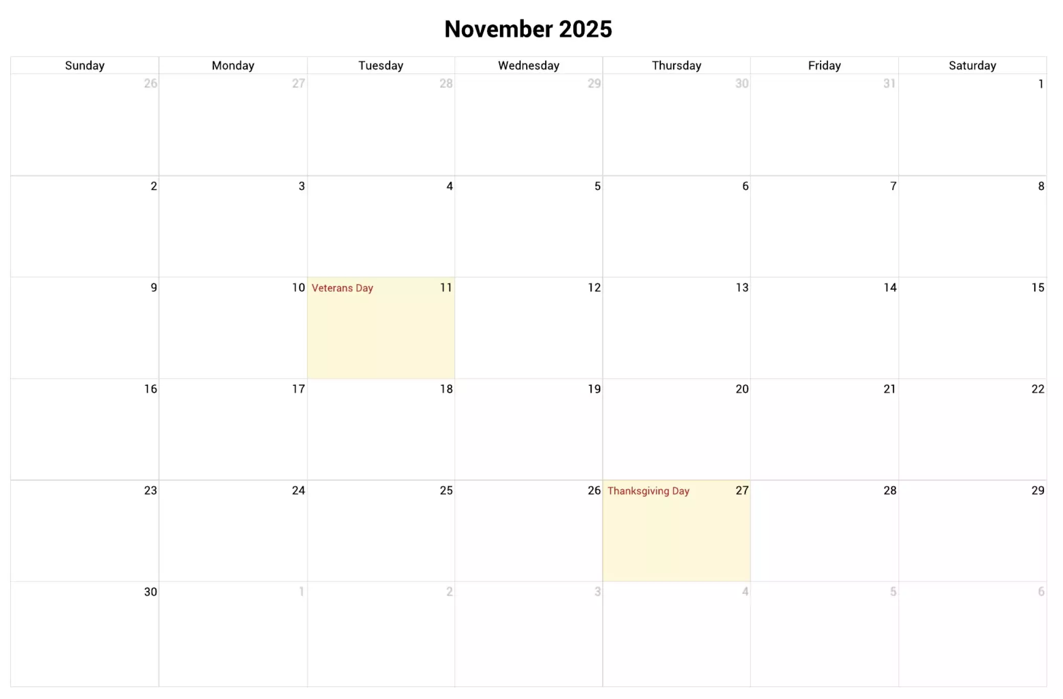 November 2025 calendar with US holidays, Sunday start, clean grid for family and school planning