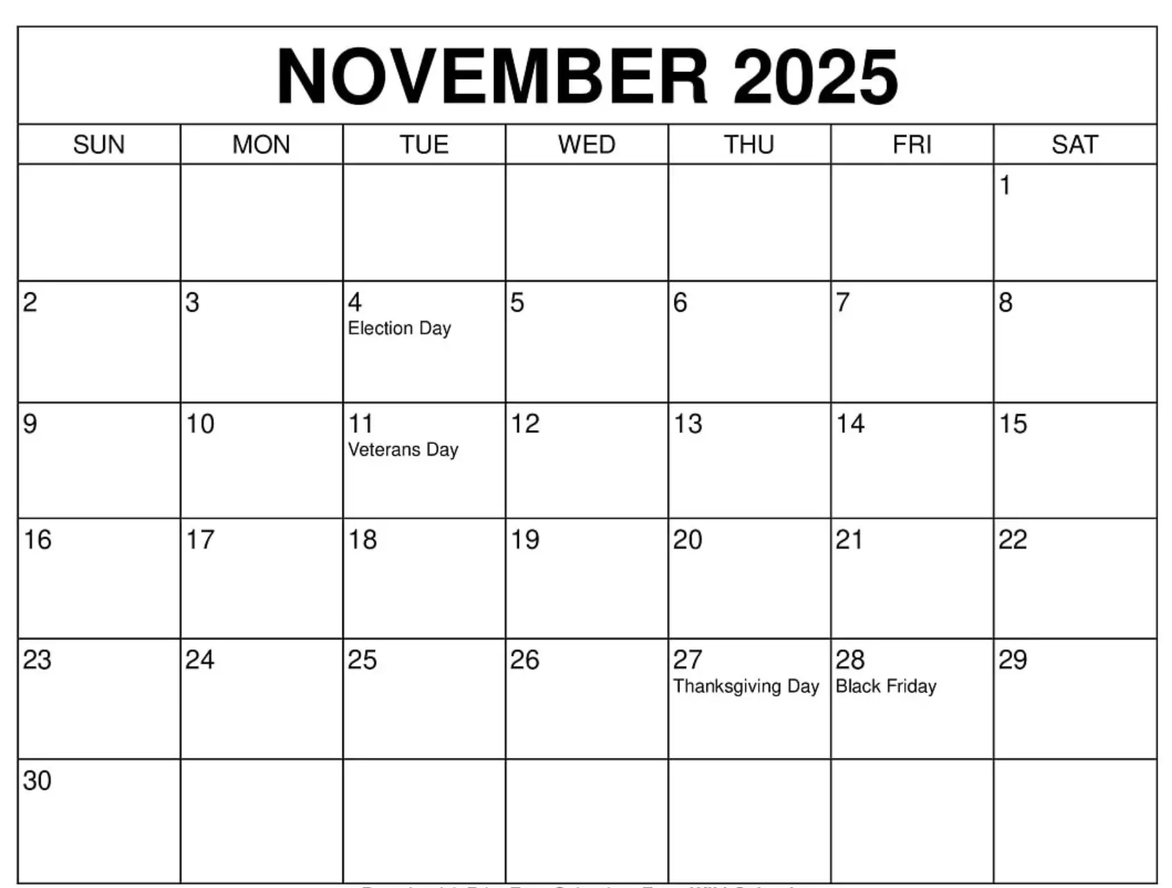 November 2025 calendar with US holidays, Sunday start, clean grid layout for work and school planning
