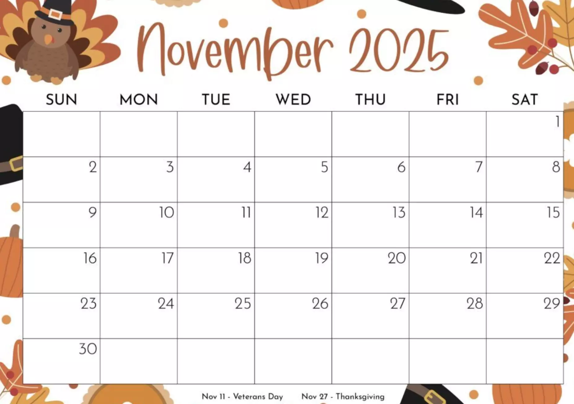 calendar November 2025 minimalist template, Monday start, printable PDF with notes section