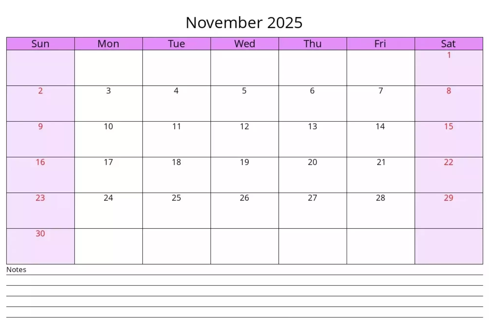 calendar November 2025 minimalist template, Monday start, printable PDF with notes section
