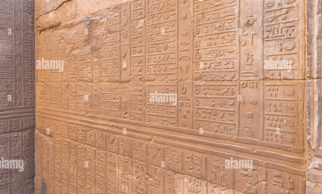 Close up of Ancient Egyptian calendar hieroglyphs carved on the Kom Ombo Temple wall depicting the solar year system