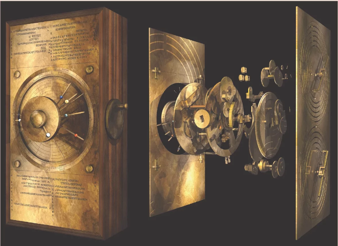 The Antikythera Mechanism, an ancient analog computer with complex bronze gears, used for predicting astronomical movements and cycles