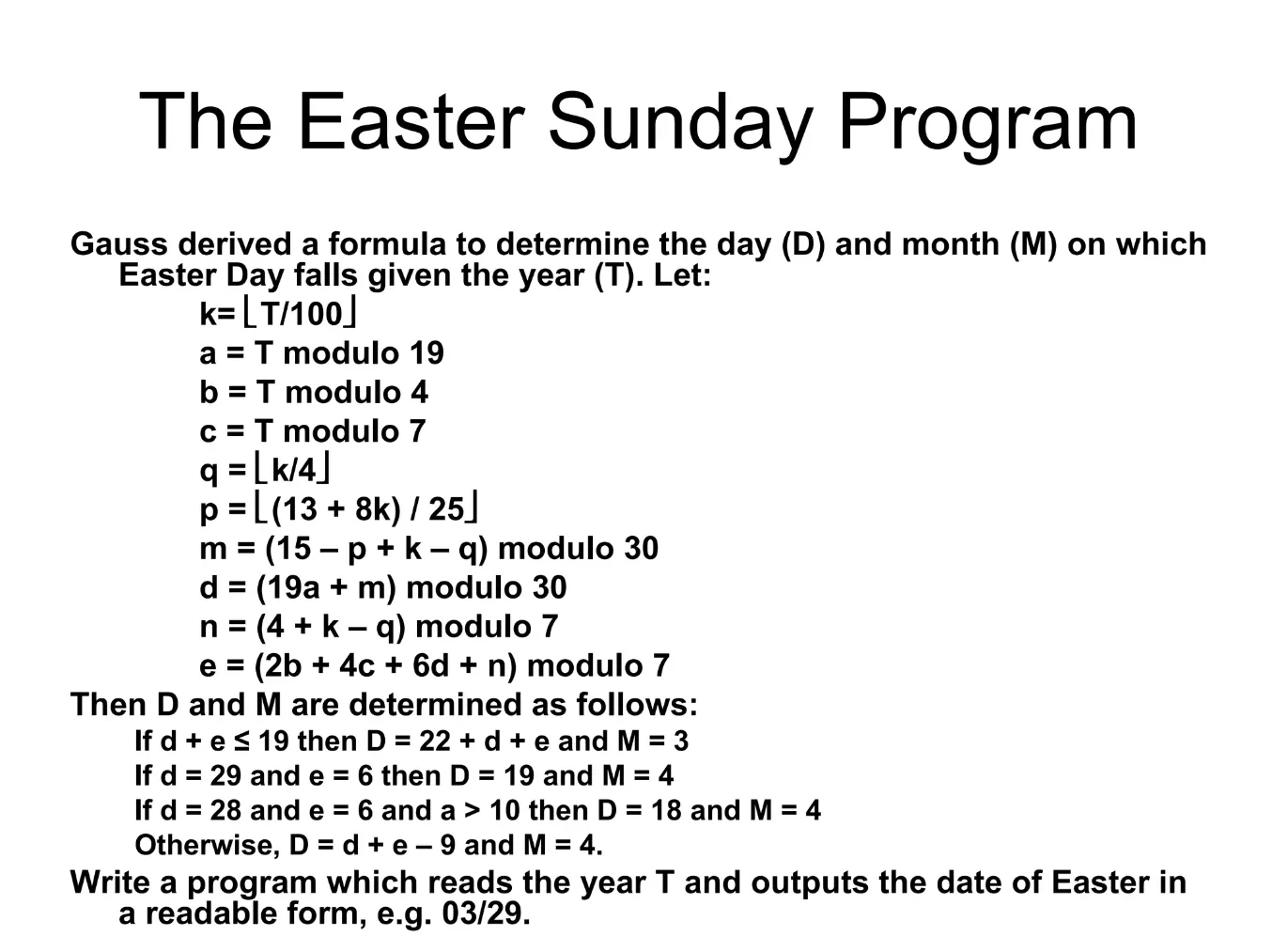 Mathematical formula flowchart for calculating the date of Easter Sunday