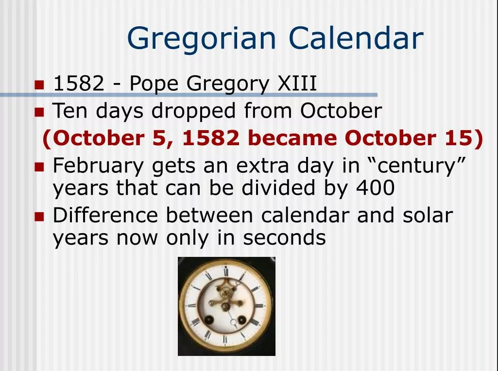 Timeline explaining the missing 10 days during the 1582 Gregorian calendar reform
