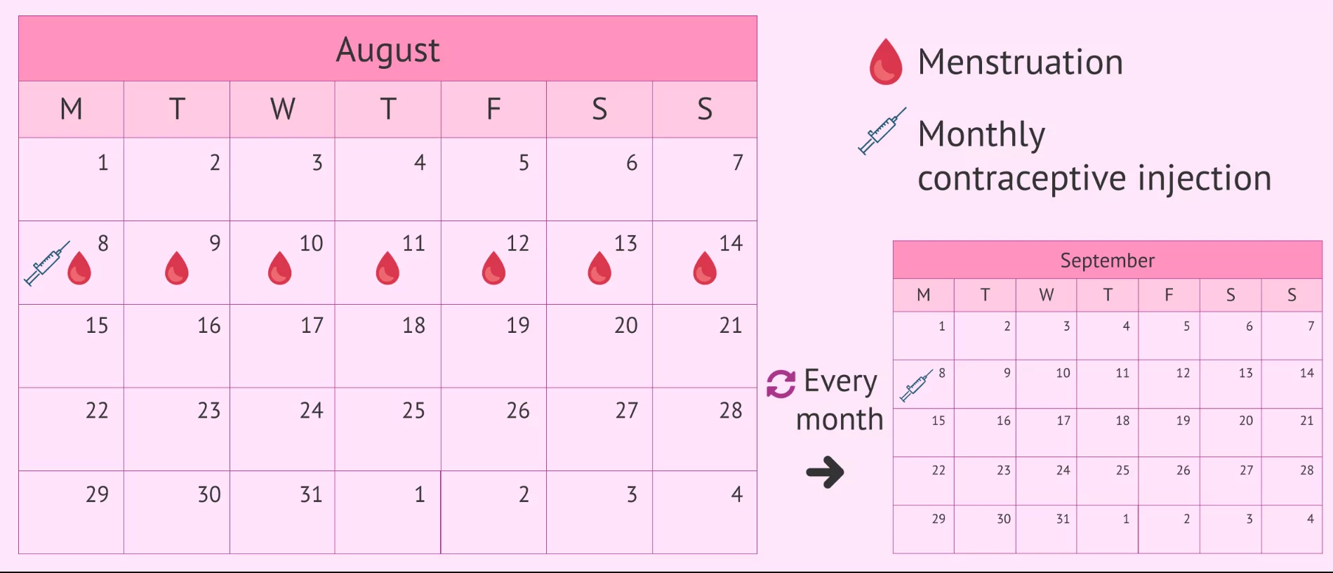 injectable contraception calendar planner